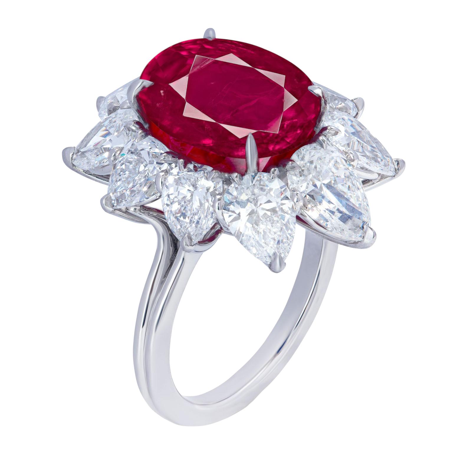 Antinori Fine Jewels is proud to show this exclusive cushion mixed-cut Burma ruby exhibits its ideal red hue in this ring. For centuries, rubies from Myanmar, Burma has ranked among the most sought-after gemstones in the world, as stones that hail
