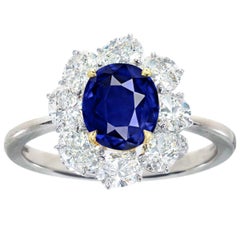 GRS Switzerland Royal Vivid Blue 3.80 Carat Oval Sapphire Diamond Cocktail Ring