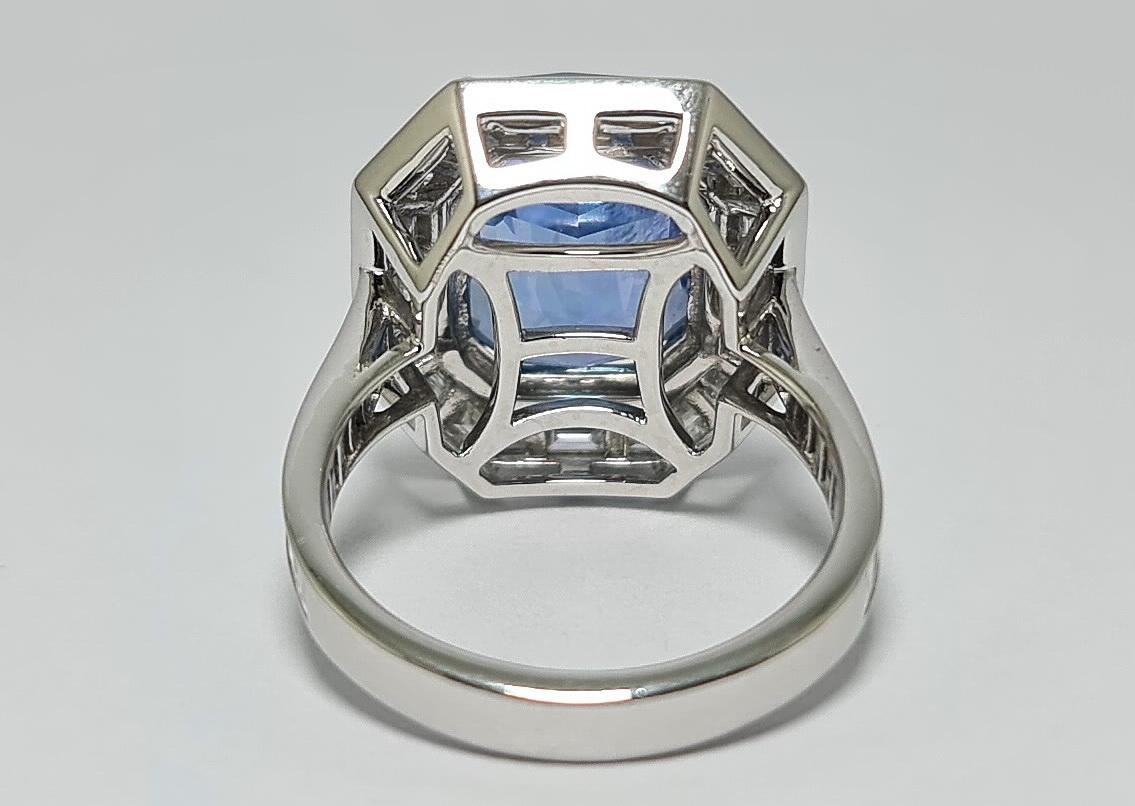 Baguette Cut GRS Unheated Ceylon 11.20 CT Blue Sapphire Diamond Baguette Platinum 950 Ring For Sale