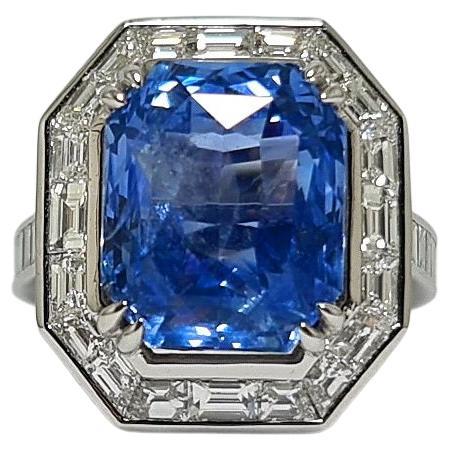 GRS Unheated Ceylon 11.20 CT Blue Sapphire Diamond Baguette Platinum 950 Ring For Sale