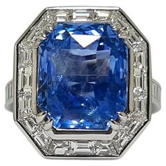 GRS Baguette-Ring aus Platin 950 mit unerhitztem Ceylon 11,20 CT blauem Saphir und Diamant
