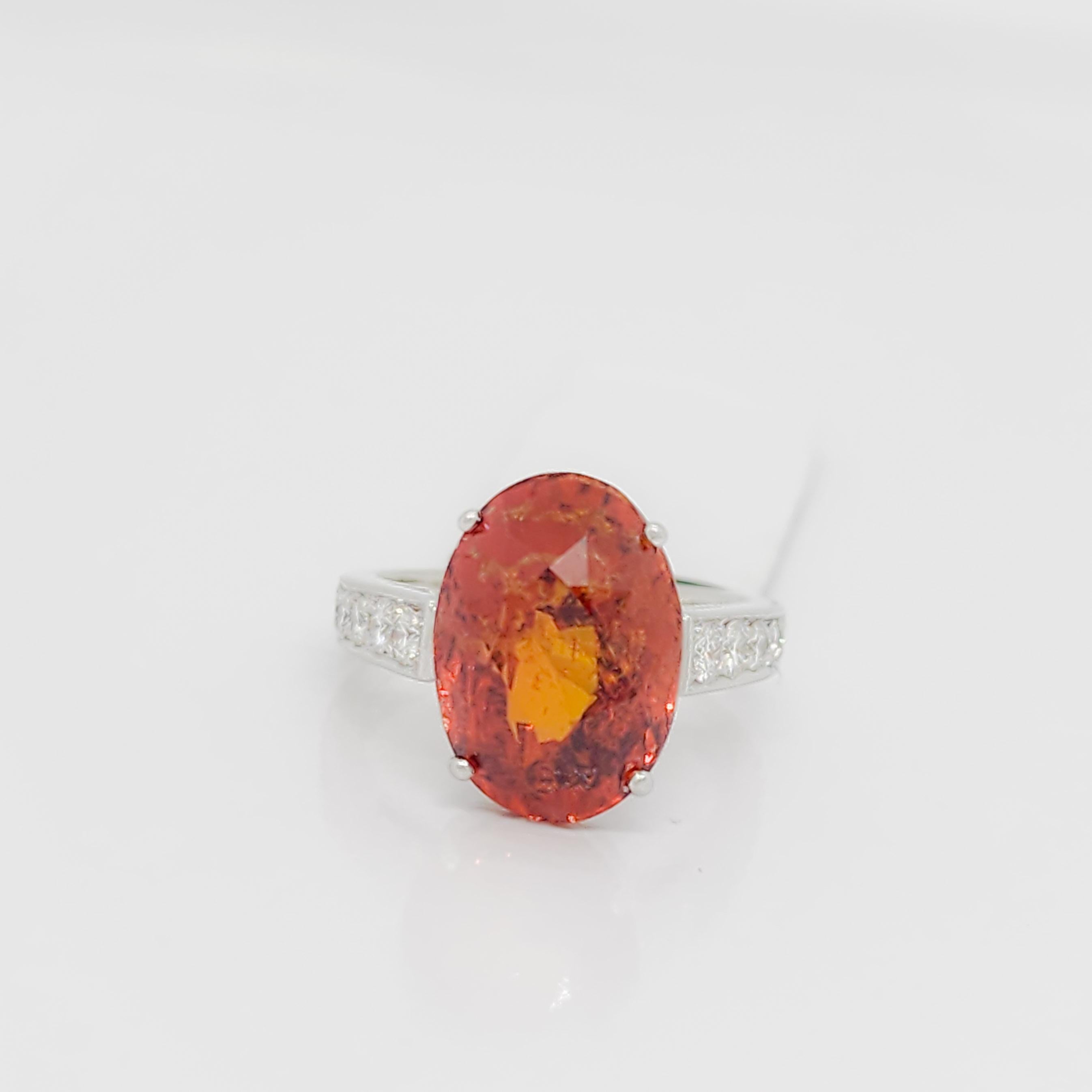 Oval Cut GRS Unheated Orange Sapphire Oval and Diamond Ring in Platinum For Sale