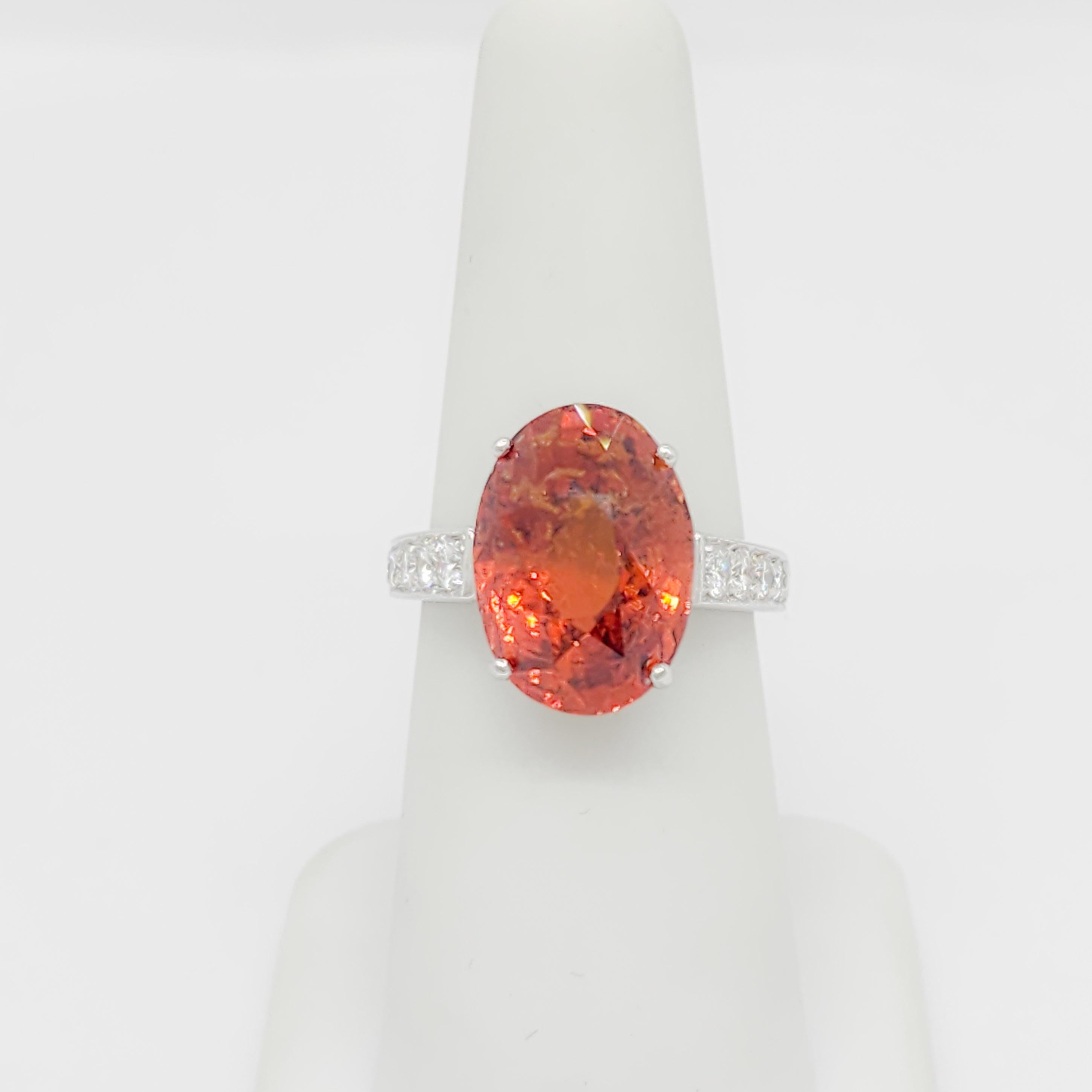 GRS Unheated Orange Sapphire Oval and Diamond Ring in Platinum In New Condition For Sale In Los Angeles, CA