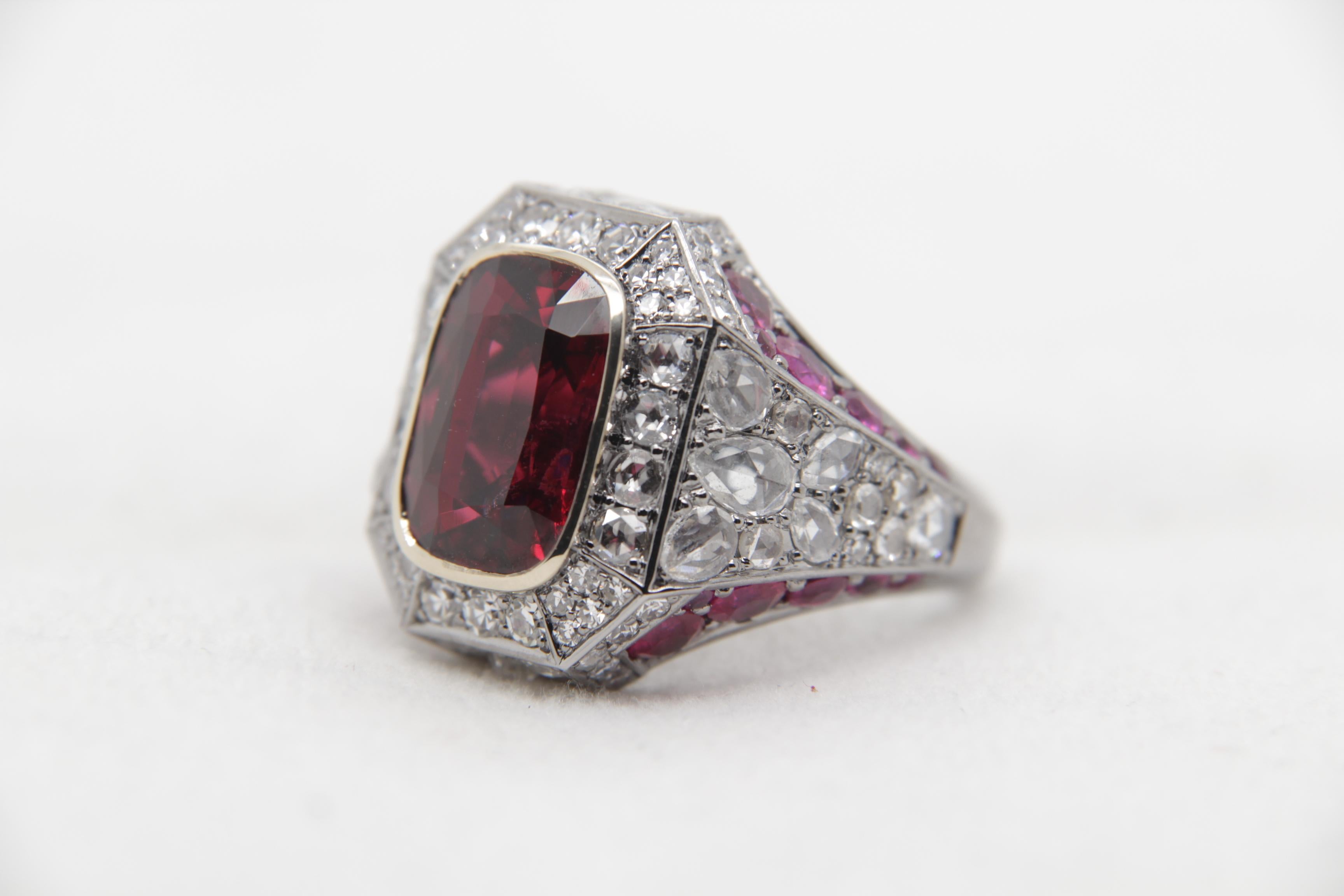 Cushion Cut GRS 'Vivid Red' 5.28 Carat Burmese No Heat Spinal and Diamond Ring in 18k Gold