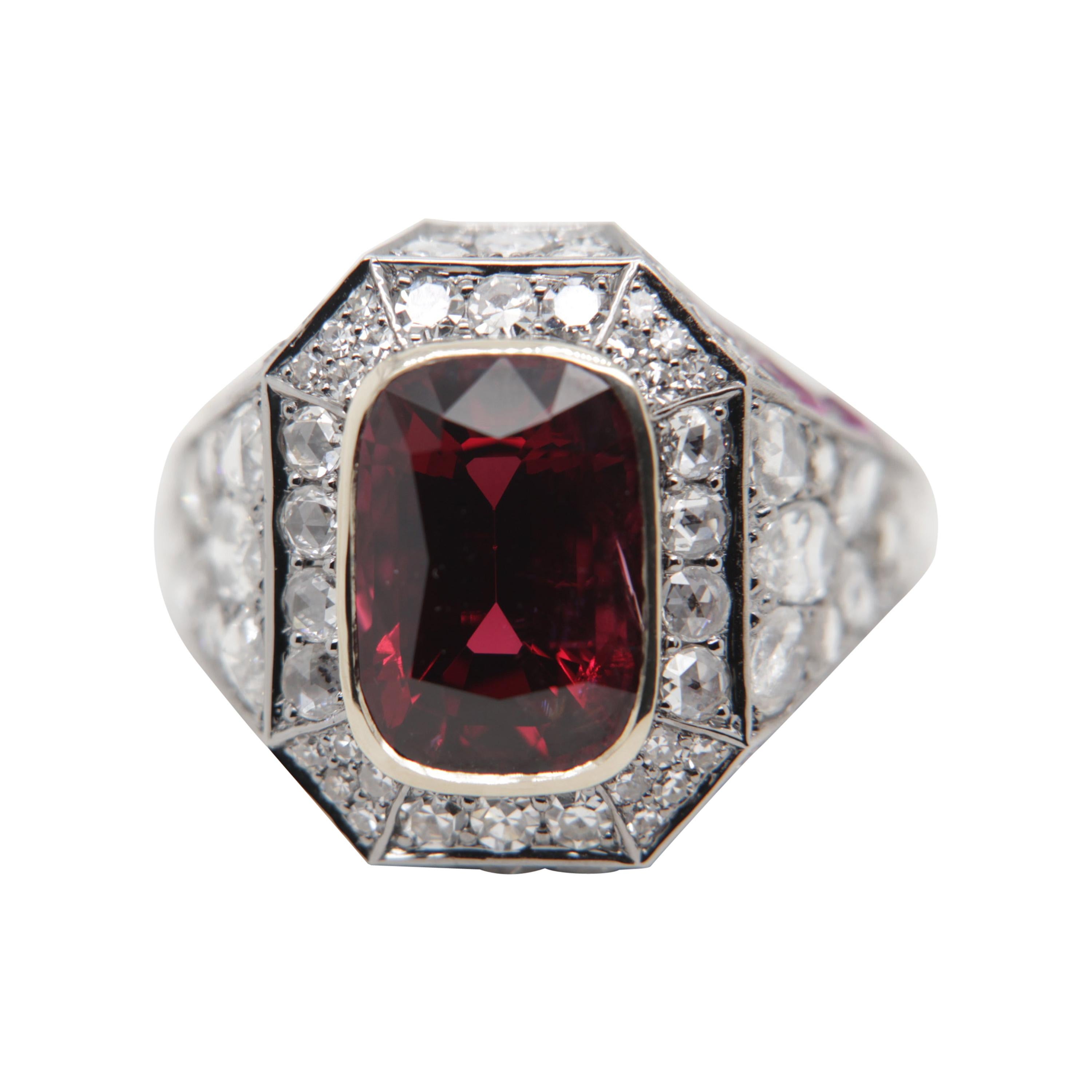 GRS 'Vivid Red' 5.28 Carat Burmese No Heat Spinal and Diamond Ring in 18k Gold