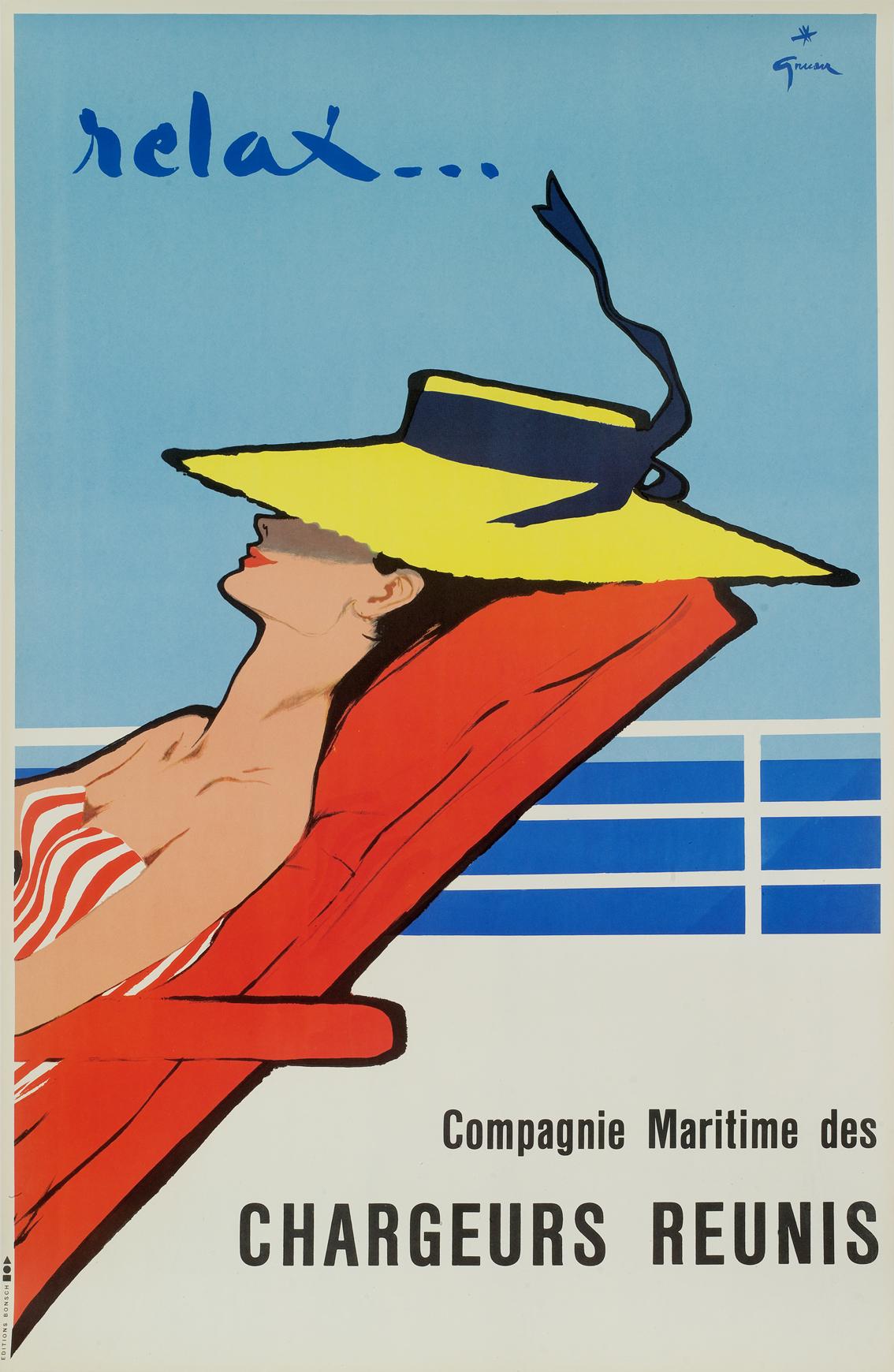 Mid-Century Modern Gruau, Original Vintage Poster, Relax, Chargeurs Reunis, Boat, Ship, Woman 1954