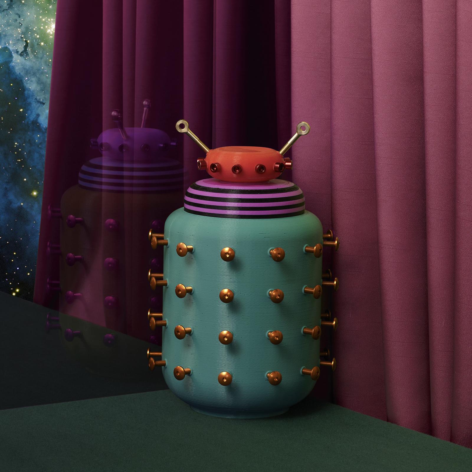 Unexpected yet familiar, this eclectic vase evokes the long-forgotten freedom and creativity of childhood. This iconic mixed-media vase is created using 3D printing and FDM technology, the bright green, purple, and red colors of the cylindrical vase