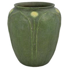 Grueby 1918 Arts and Crafts Pottery Matte Green Yellow Buds Two Color Vase