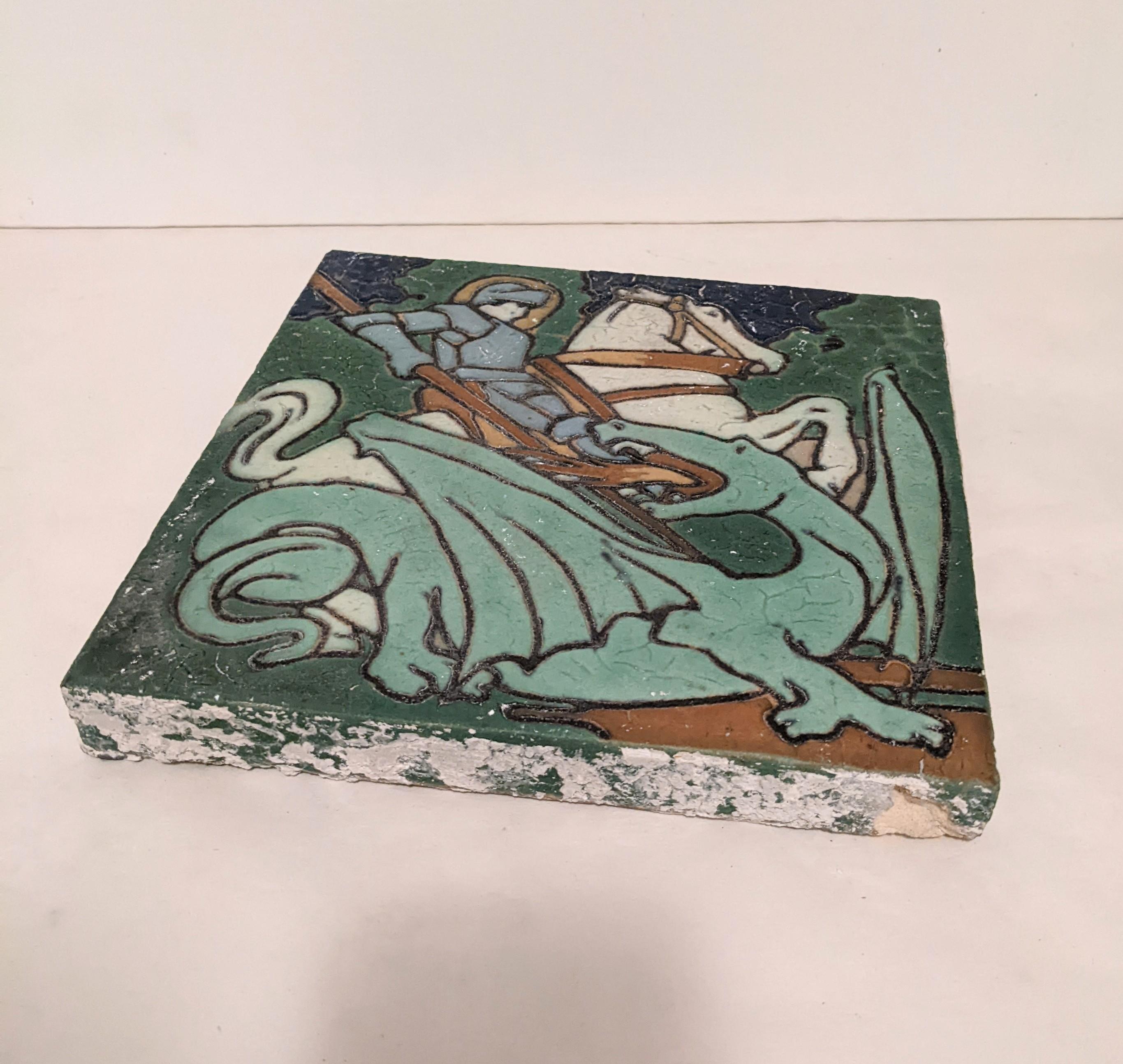 Américain Tile en faïence de Grueby St George and the Dragon en vente