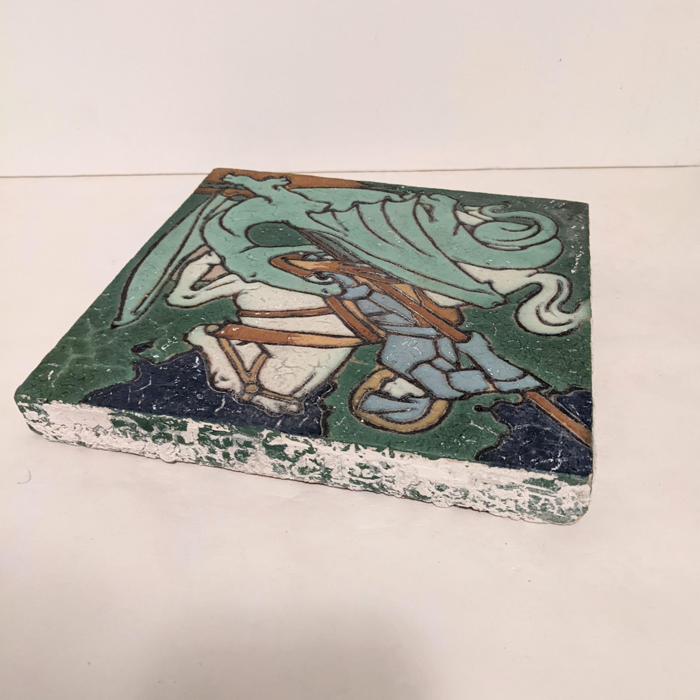 Arts and Crafts Grueby Faience St George and the Dragon Tile For Sale