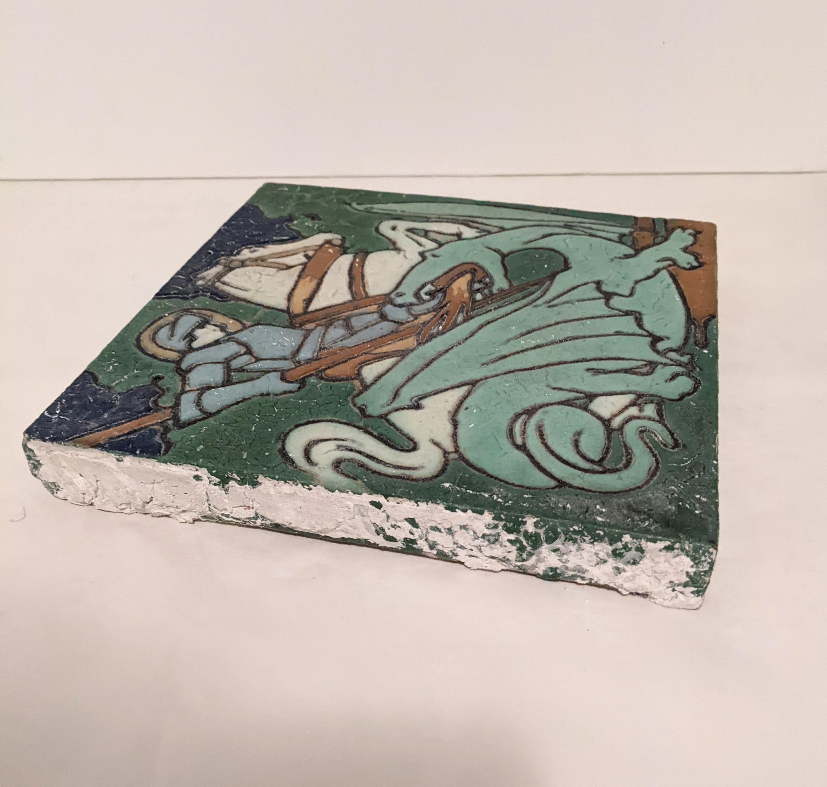 American Grueby Faience St George and the Dragon Tile For Sale