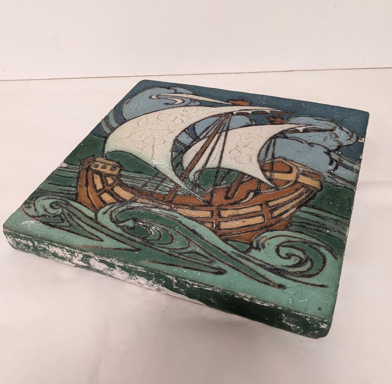 Arts and Crafts Grueby Viking Ship Earthenware Tile For Sale