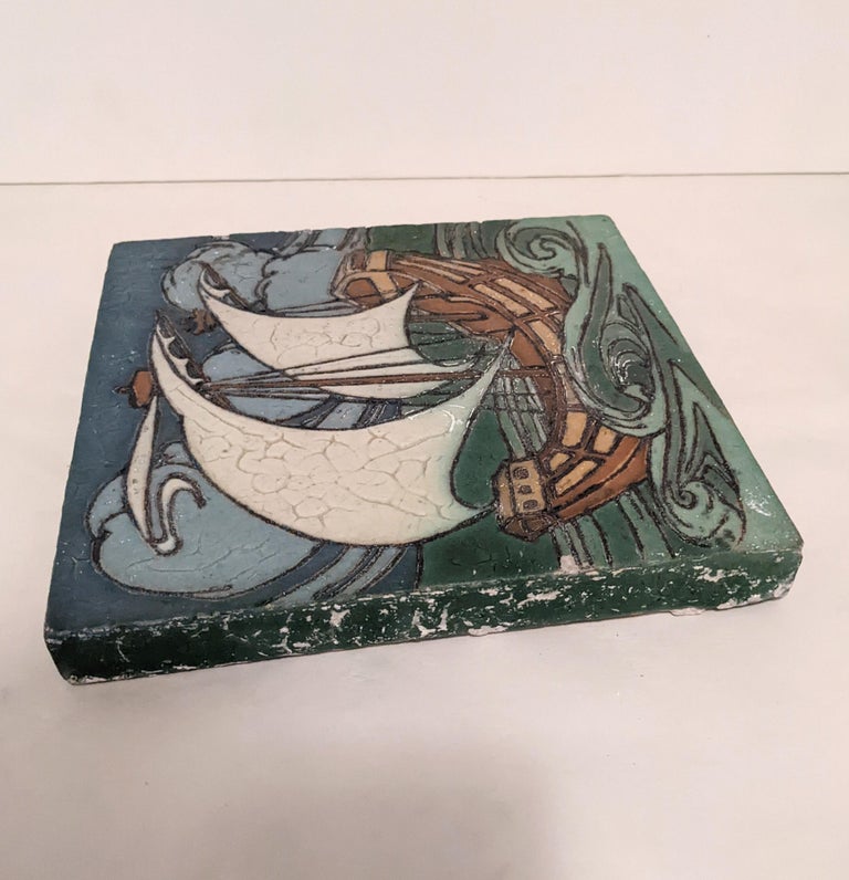 Glazed Grueby Viking Ship Earthenware Tile For Sale