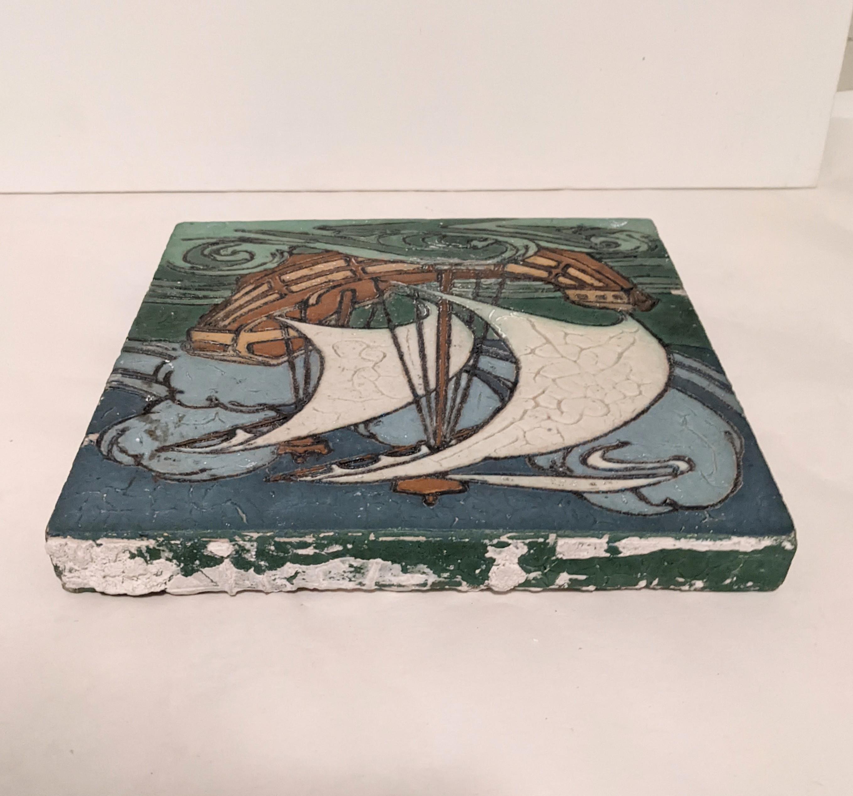 American Grueby Viking Ship Earthenware Tile For Sale