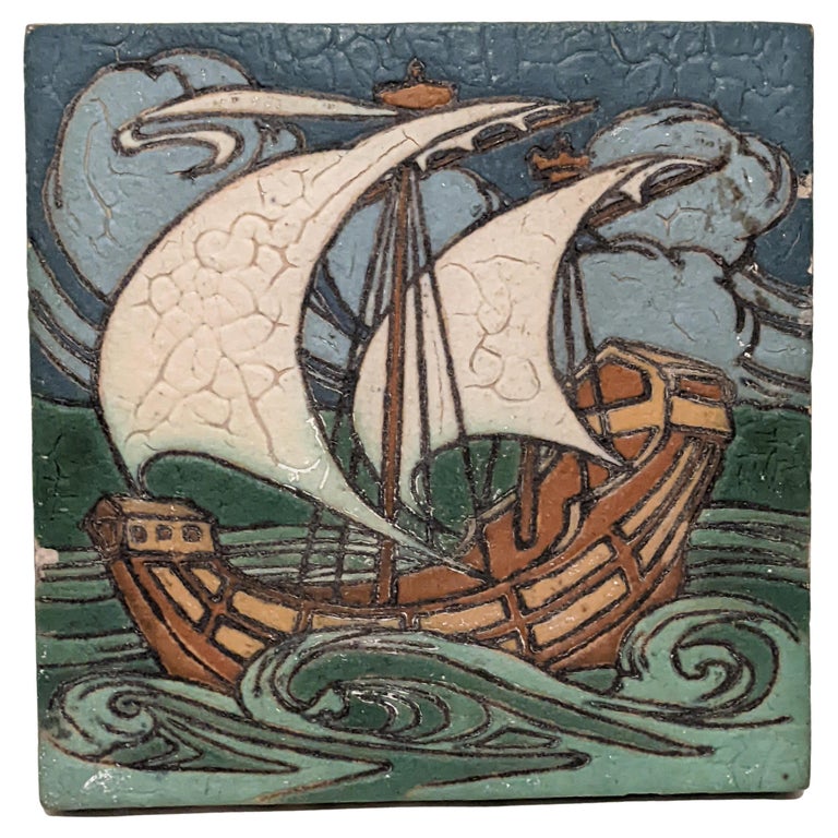 Grueby Viking Ship Earthenware Tile For Sale