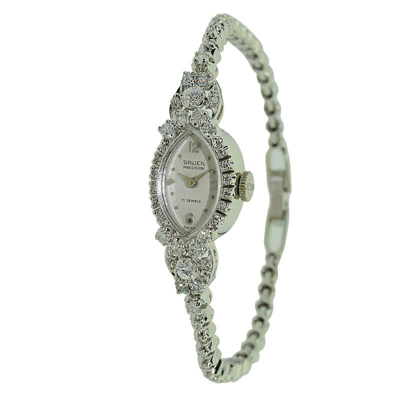 Gruen 14 Karat White Gold Ladies Art Deco Watch with Original Bracelet In Excellent Condition In Long Beach, CA