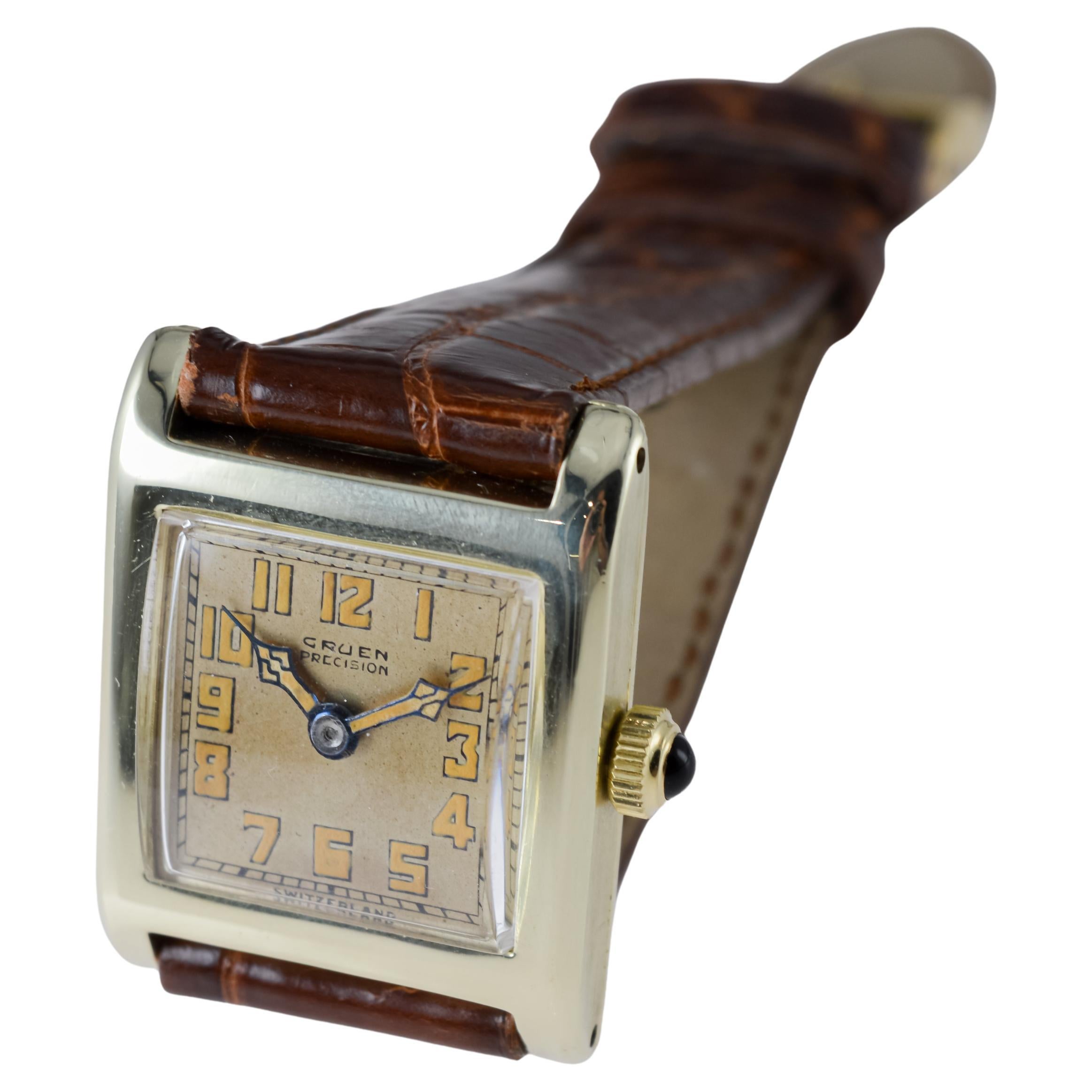 Gruen 14k Solid Gold Art Deco Watch with Factory Original Dial circa 1926 For Sale 6