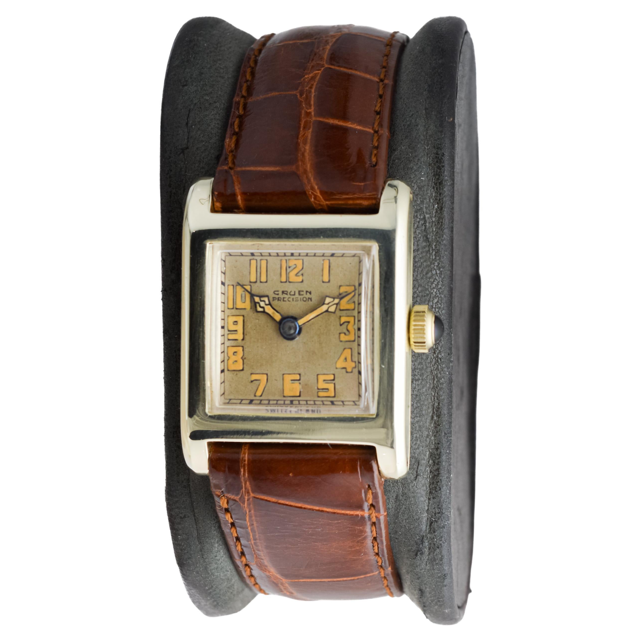 Gruen 14k Solid Gold Art Deco Watch with Factory Original Dial circa 1926 For Sale 1