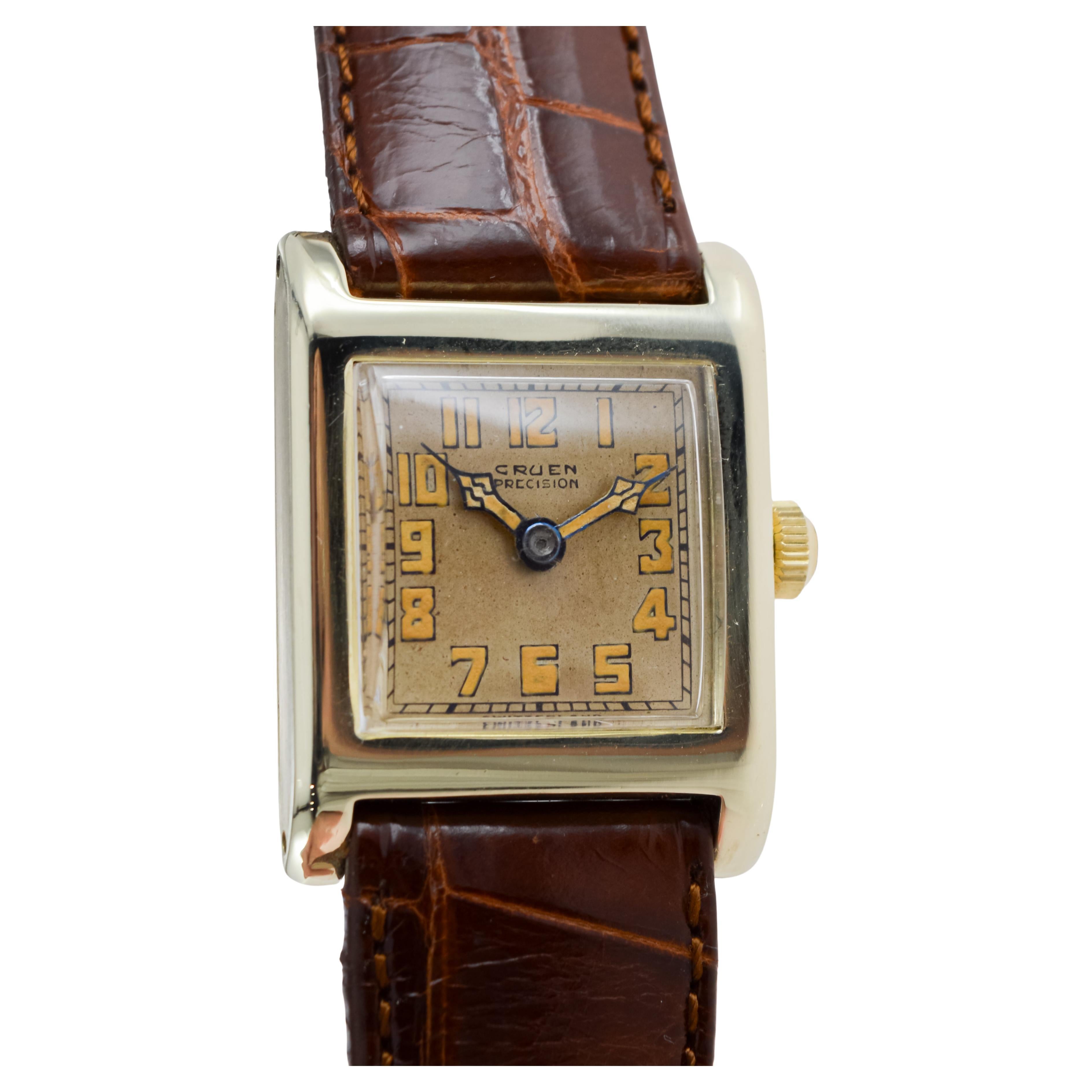 Gruen 14k Solid Gold Art Deco Watch with Factory Original Dial circa 1926 For Sale 2