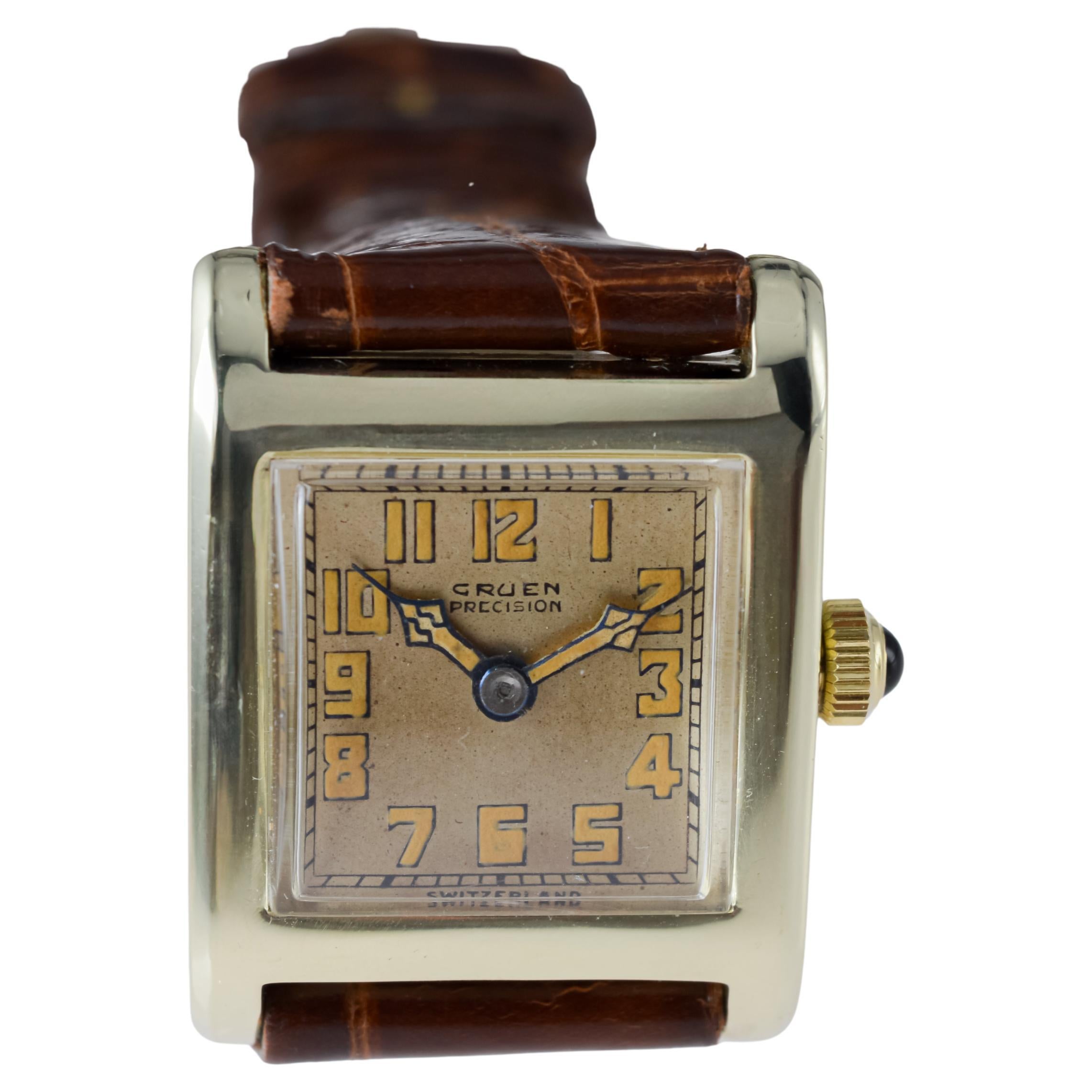 Gruen 14k Solid Gold Art Deco Watch with Factory Original Dial circa 1926 For Sale 4