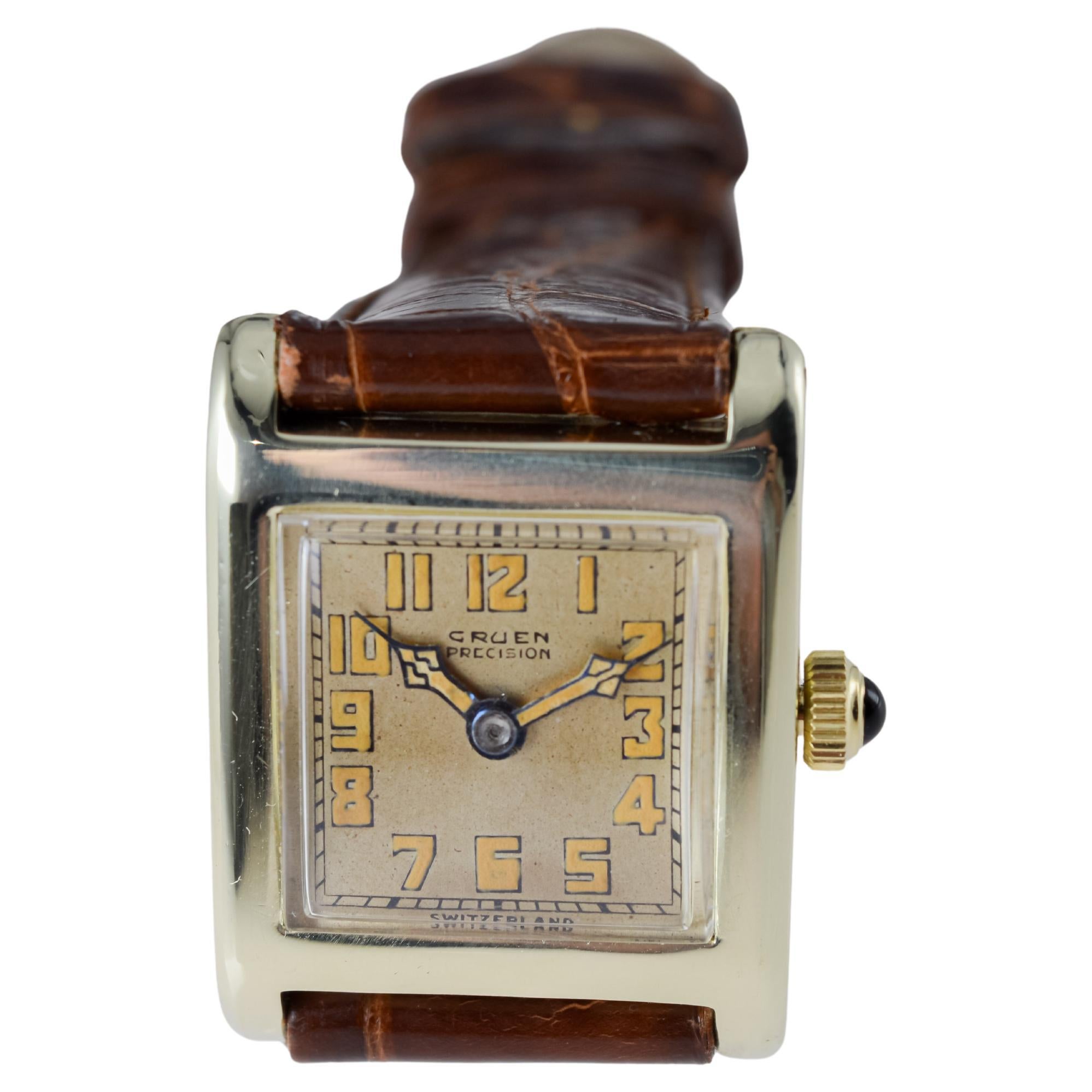 Gruen 14k Solid Gold Art Deco Watch with Factory Original Dial circa 1926 For Sale 5