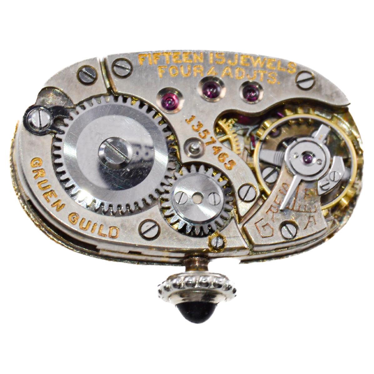 Gruen 14Kt Art Deco Damenuhr mit Original Zifferblatt und Kiln-Feuer-Emaille-Etui im Angebot 3