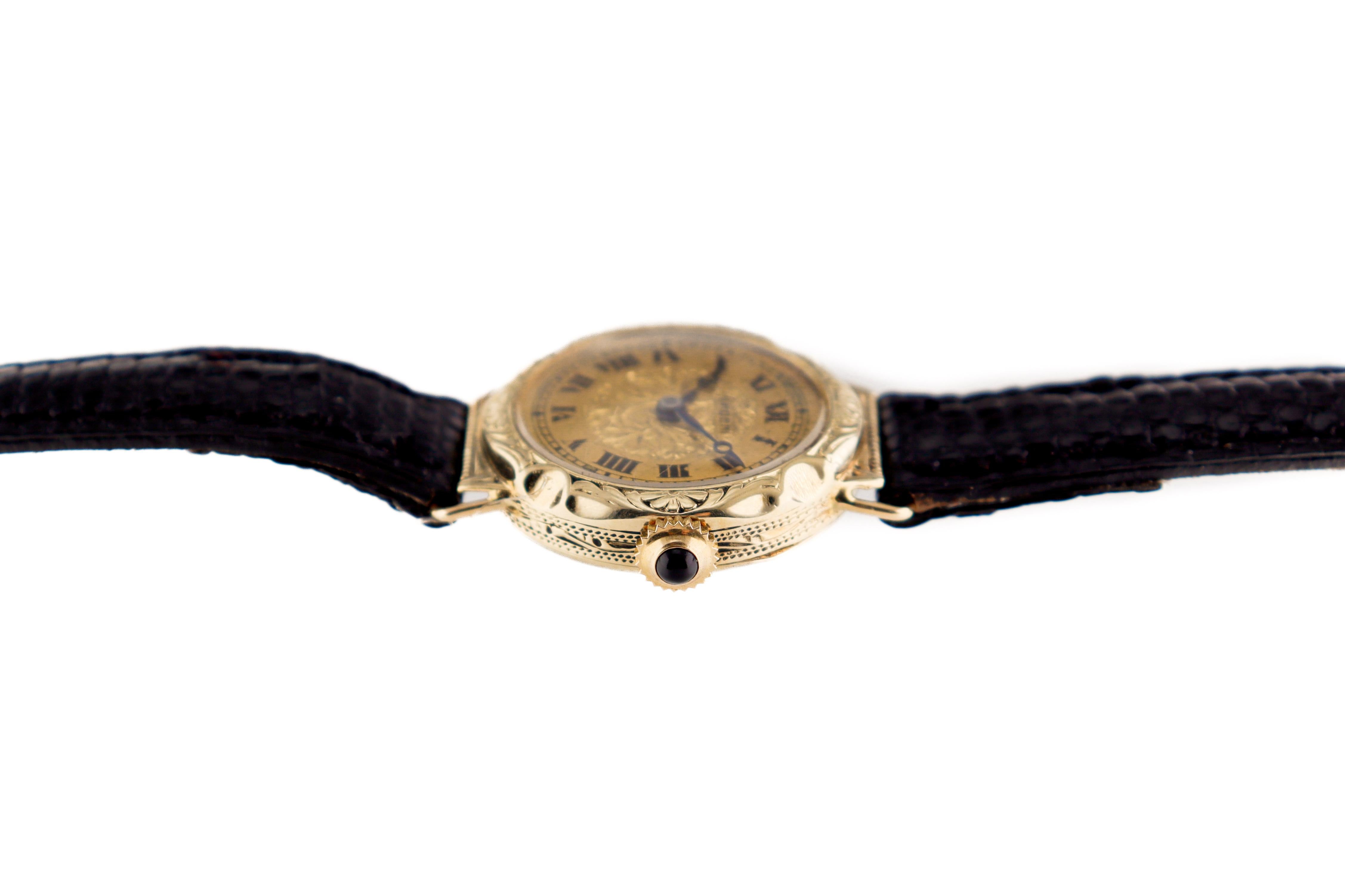 Gruen 14kt massives Gold Art Deco Hand gravierte Uhr mit vergoldetem Original-Zifferblatt 1920 im Angebot 5