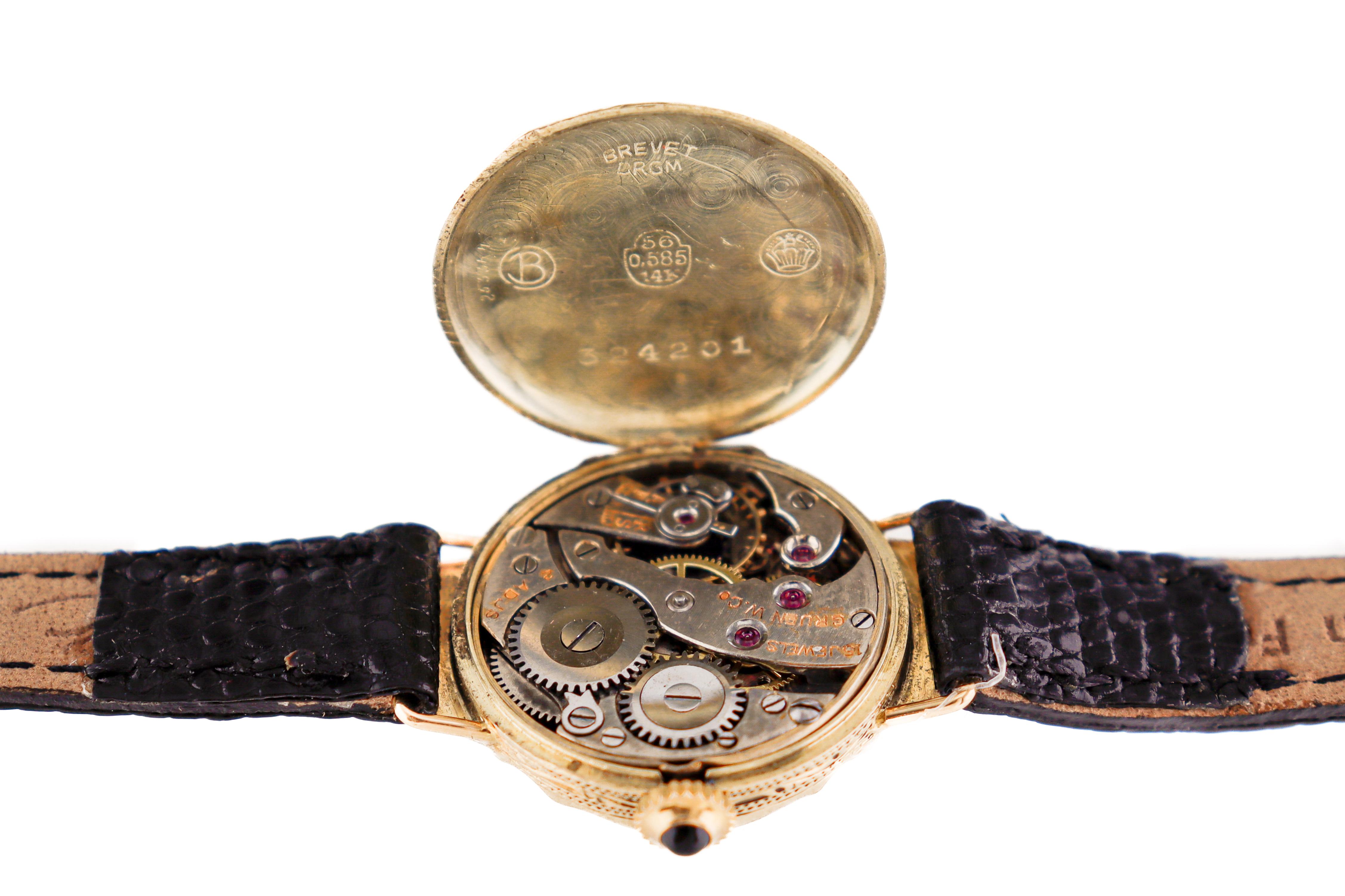 Gruen 14kt Solid Gold Art Deco Hand Engraved Watch with Original Gilt Dial 1920 For Sale 6