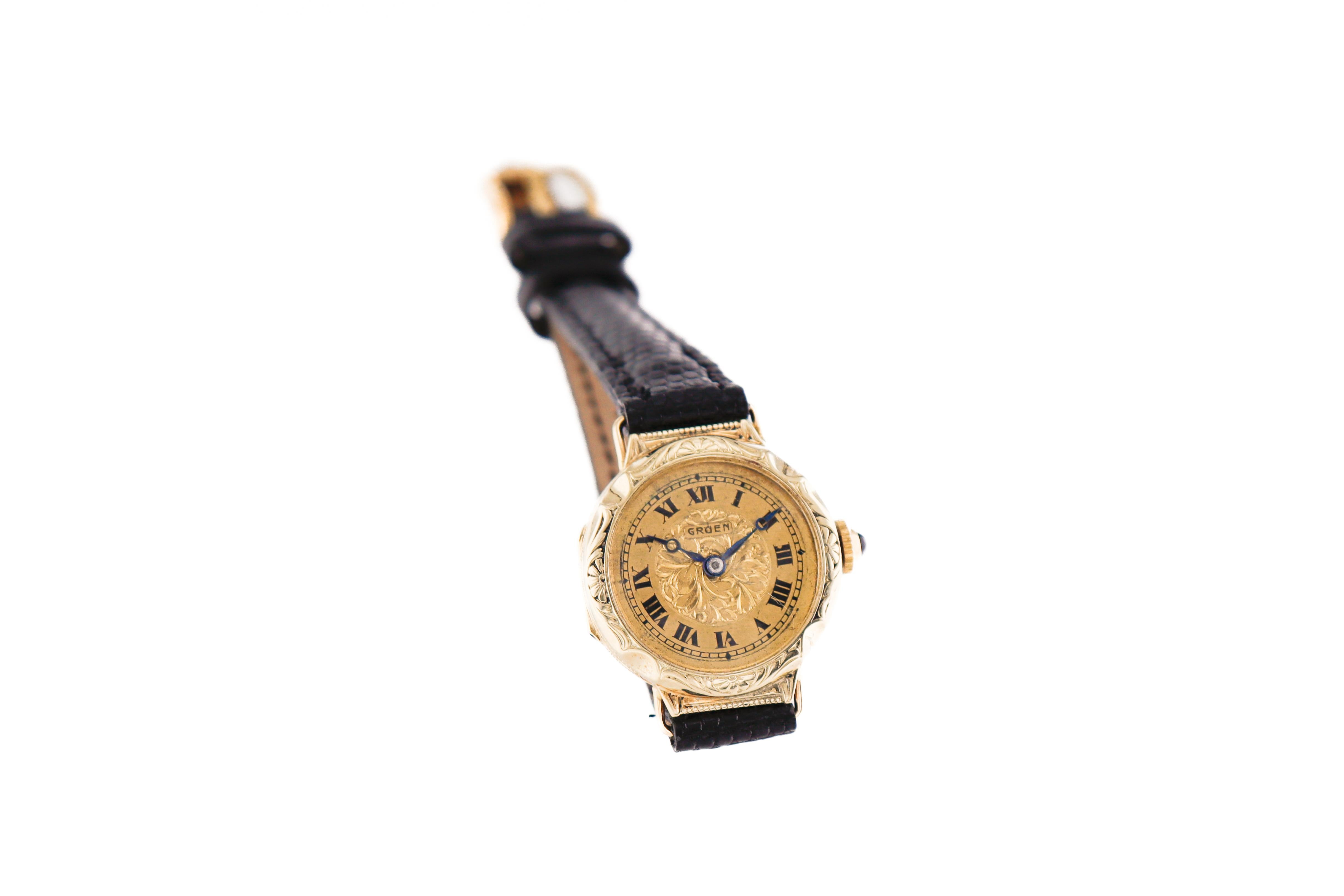 Gruen 14kt massives Gold Art Deco Hand gravierte Uhr mit vergoldetem Original-Zifferblatt 1920 Damen im Angebot