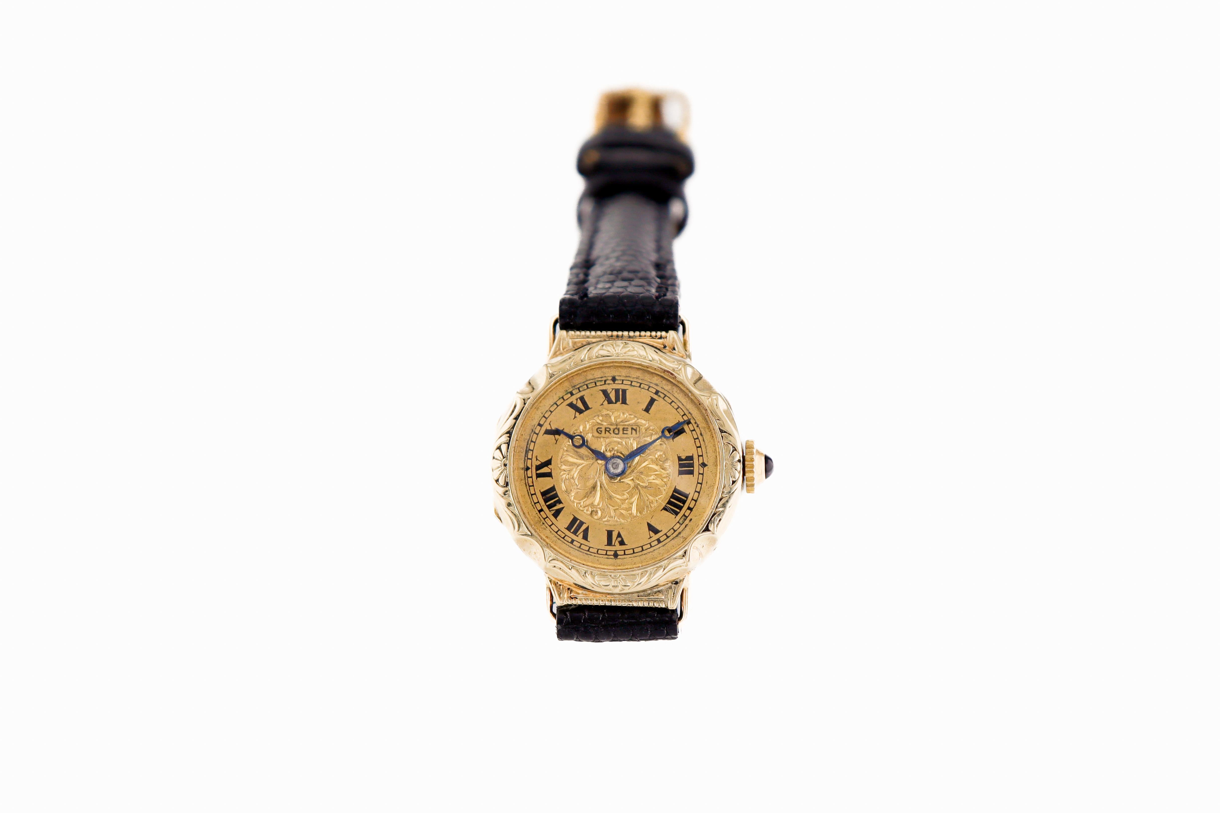 Gruen 14kt massives Gold Art Deco Hand gravierte Uhr mit vergoldetem Original-Zifferblatt 1920 im Angebot 1