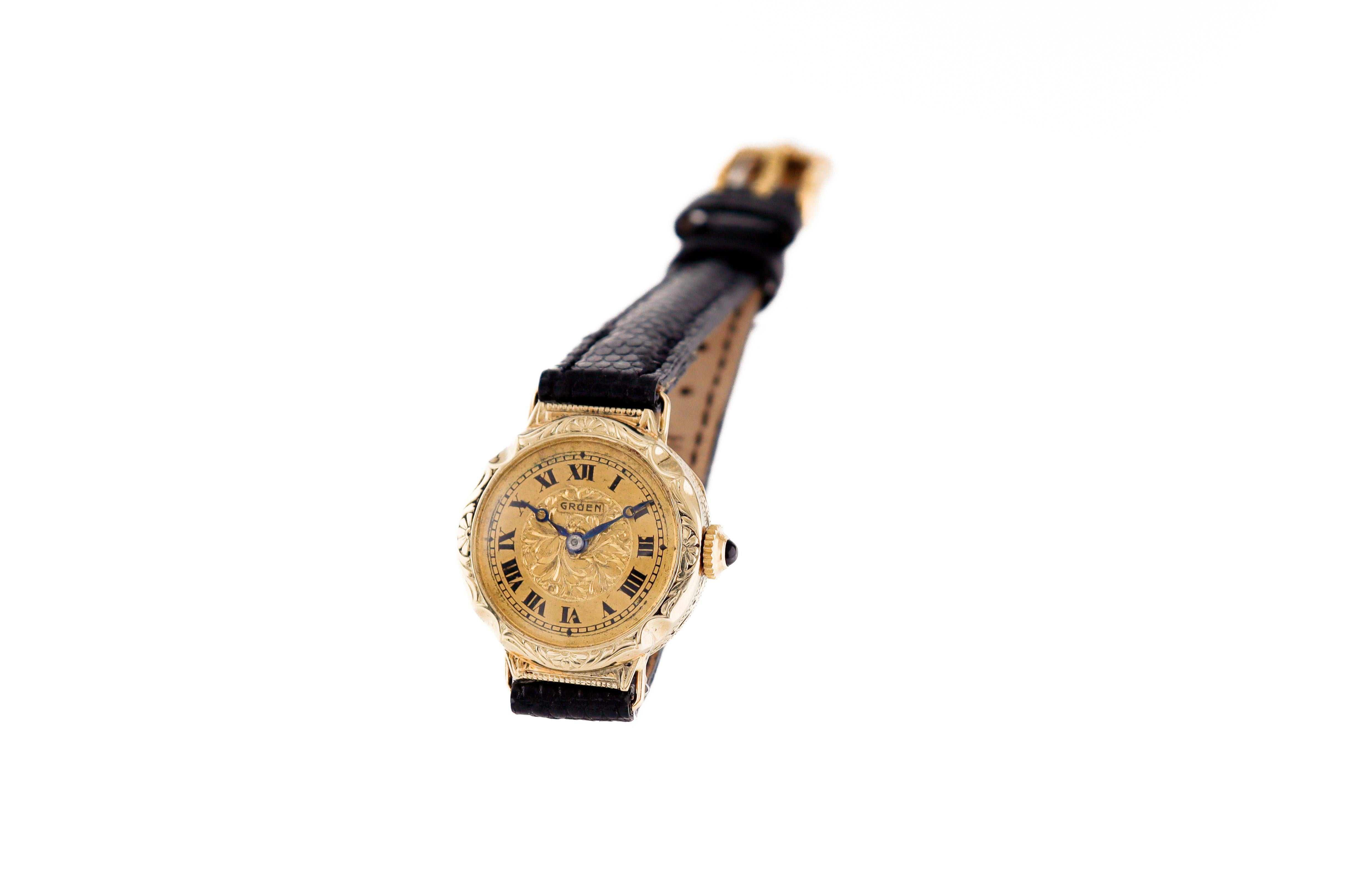 Women's Gruen 14kt Solid Gold Art Deco Hand Engraved Watch with Original Gilt Dial 1920 For Sale