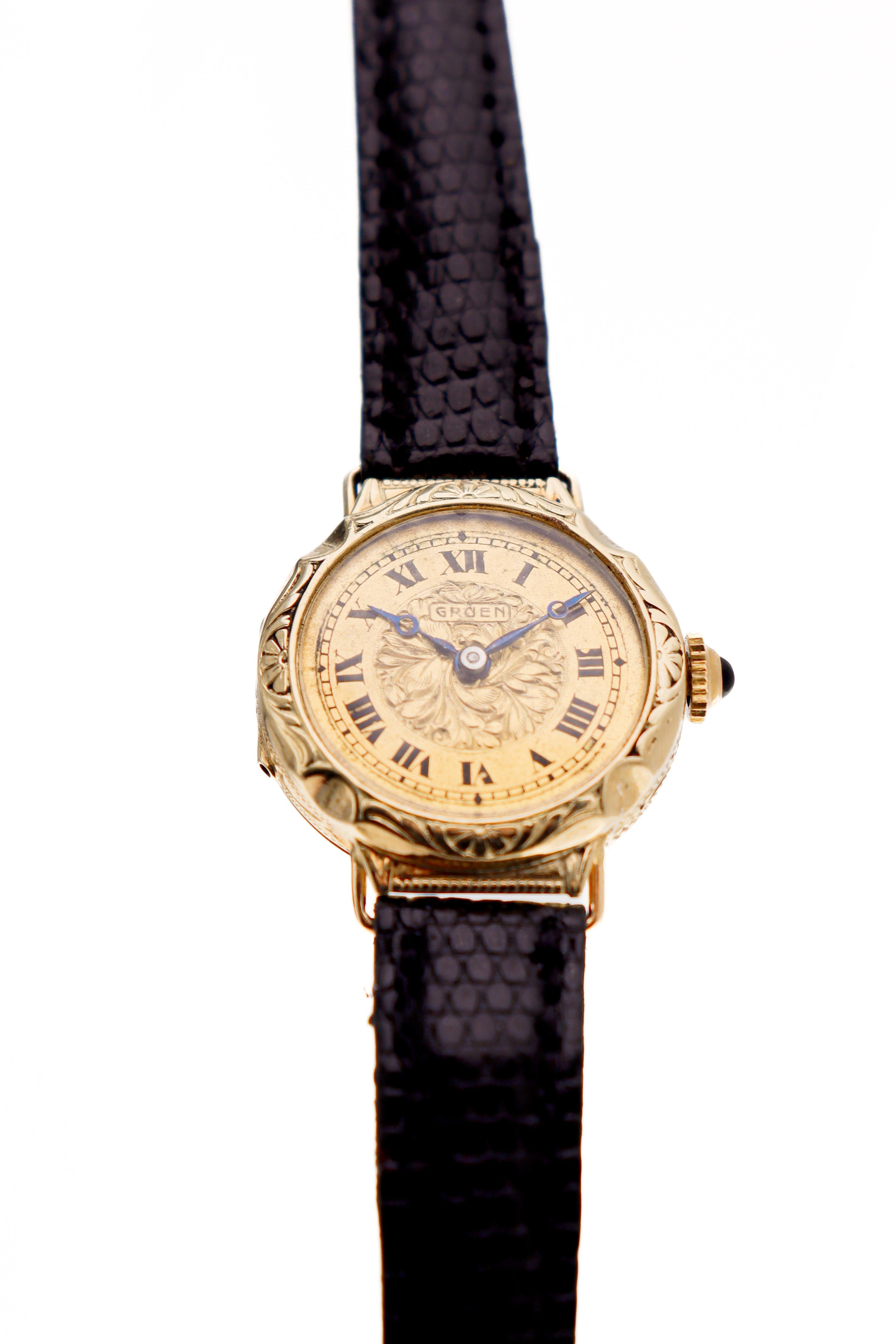 Gruen 14kt massives Gold Art Deco Hand gravierte Uhr mit vergoldetem Original-Zifferblatt 1920 im Angebot 3