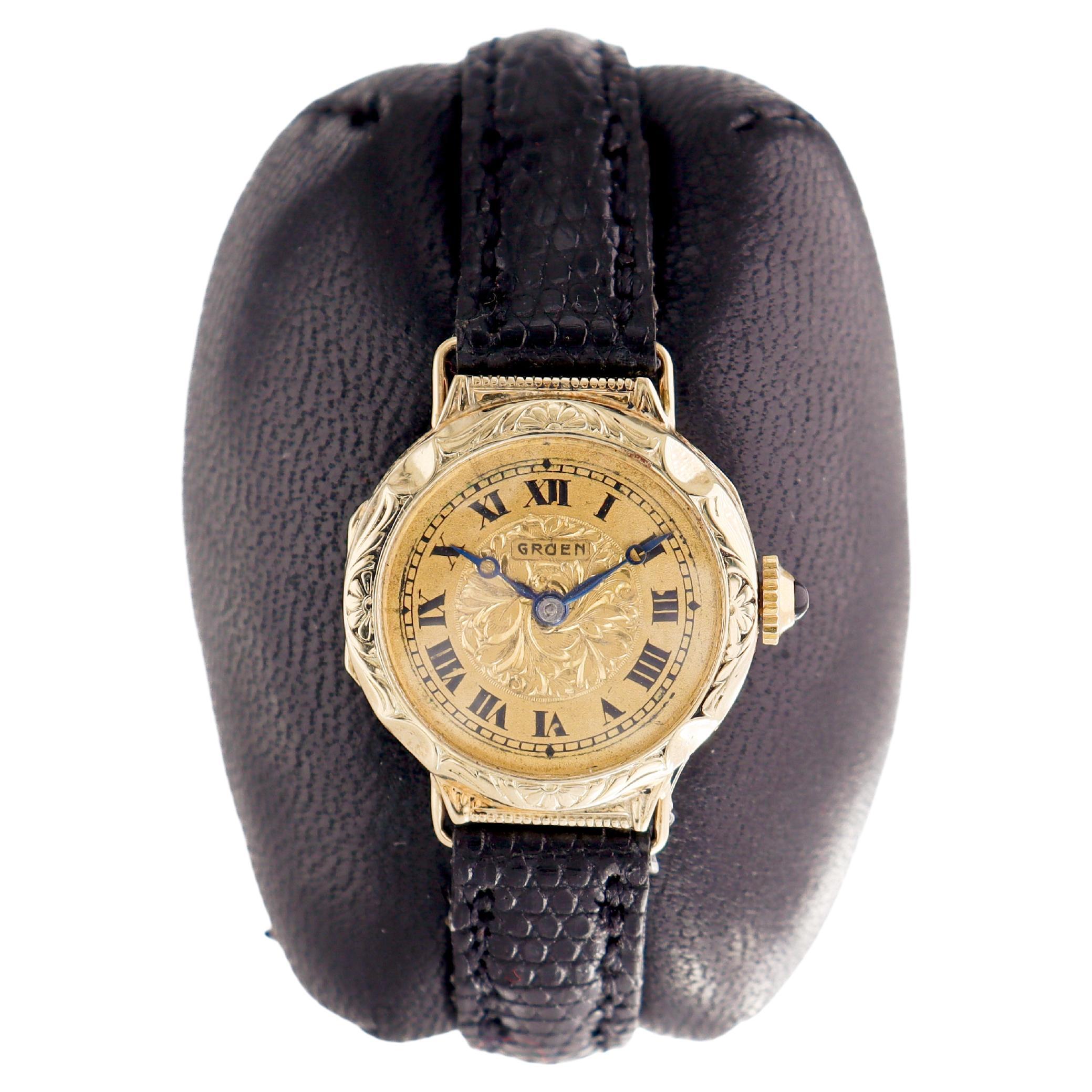 Gruen 14kt Solid Gold Art Deco Hand Engraved Watch with Original Gilt Dial 1920 For Sale