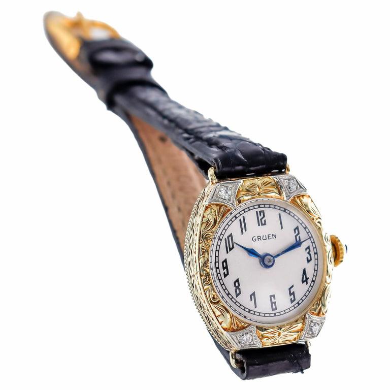 Women's Gruen 14kt Solid Gold Art Deco Ladies Watch handmade 1920s with Diamond Bezel