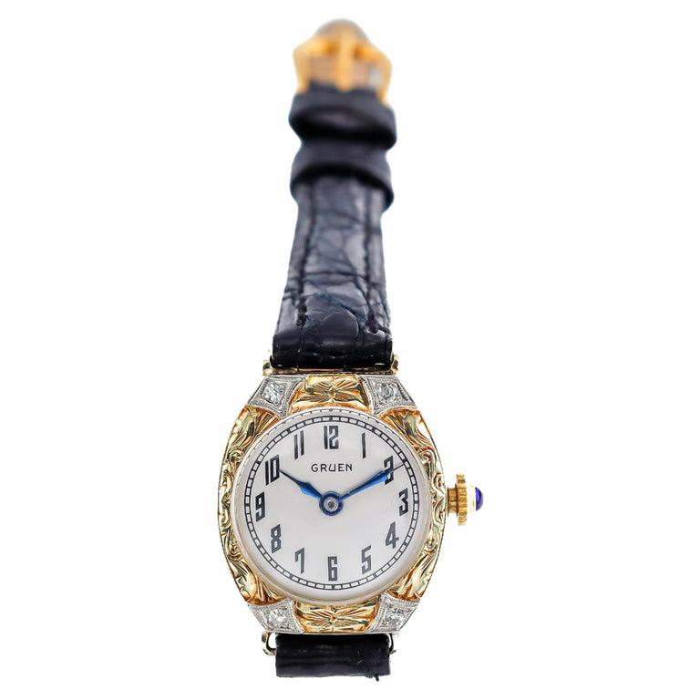 Gruen 14kt Solid Gold Art Deco Ladies Watch handmade 1920s with Diamond Bezel 1