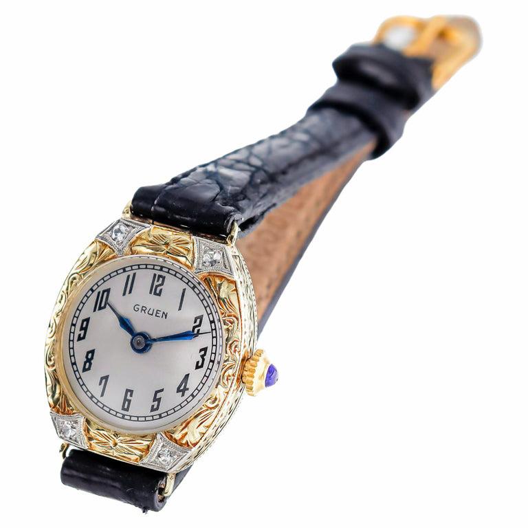 Gruen 14kt Solid Gold Art Deco Ladies Watch handmade 1920s with Diamond Bezel 2