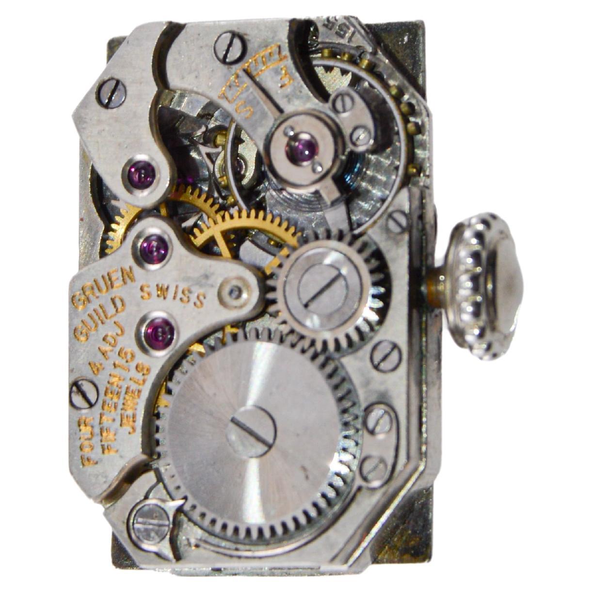 Gruen 14Kt White Gold Art Deco Watch with Hand Made Dial by Stern Freres 1920's For Sale 4