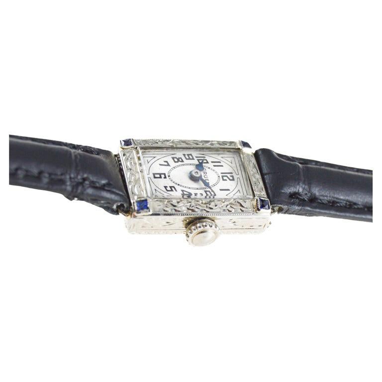 Women's Gruen 14Kt White Gold Art Deco Watch with Hand Made Dial by Stern Freres 1920's For Sale