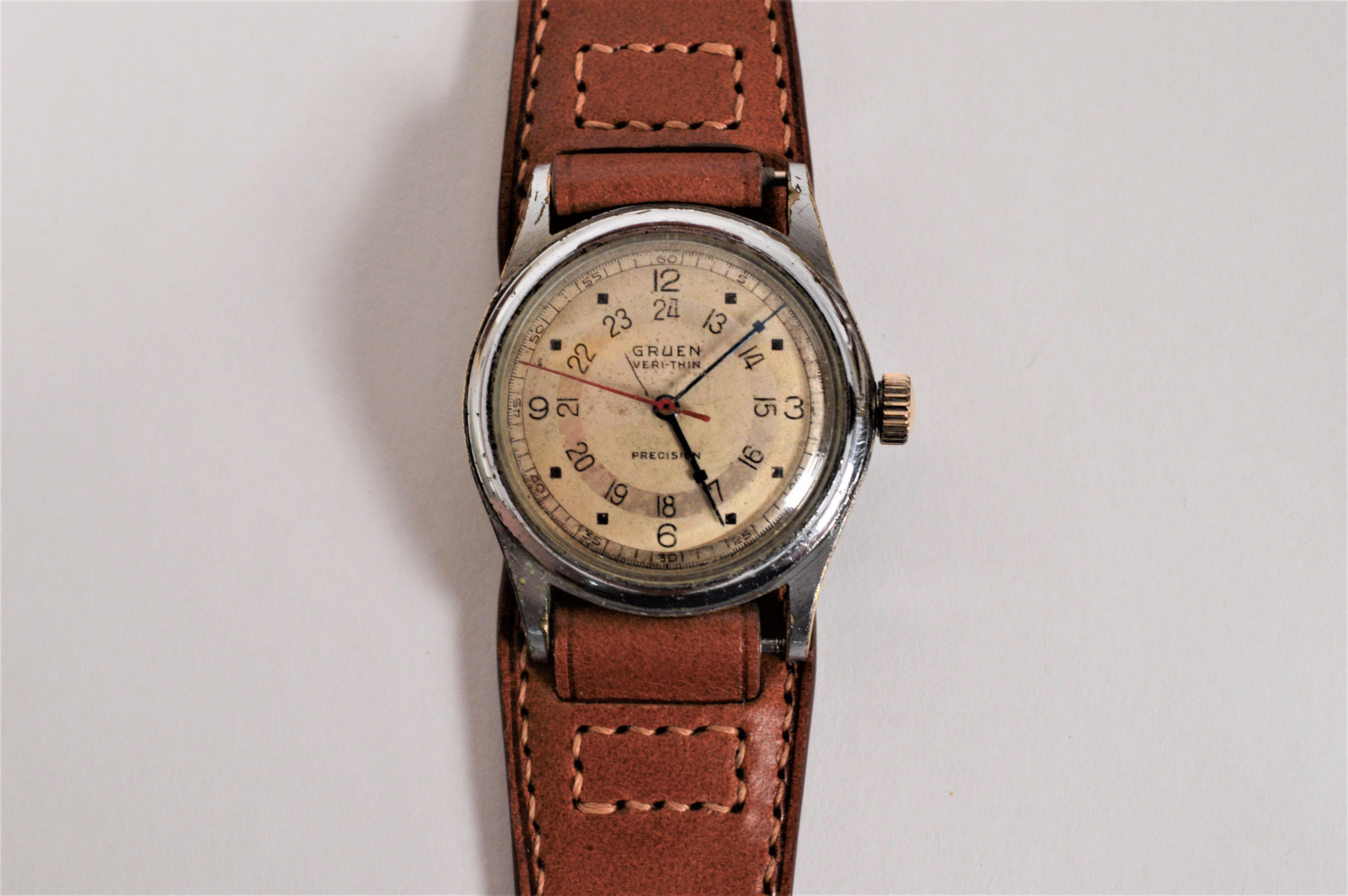 Ein Vintage-Fund und in seinem ursprünglichen Zustand, genießen Sie diese circa 1940's Pan American Wrist Watch mit Veri Thin Bewegung entwickelt und hergestellt von Gruen Watch Co.  Als amerikanisches Unternehmen war Gruen bis Mitte des