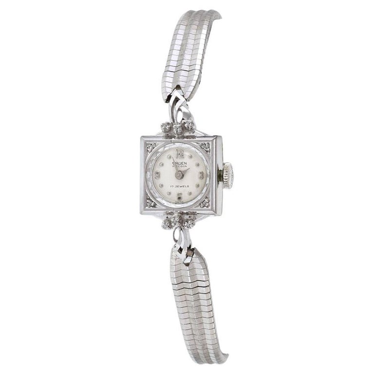 Vintage Gruen Precision 14K White Gold and Diamond Cocktail Watch Elegant 1950s Gruen Precision Diamond Cocktail Watch | 14kt  main image 2