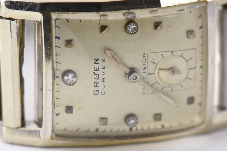 Gruen Curvex White Gold Watch with Steel Speidel Band For Sale at 1stdibs