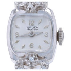 Gruen Montre pour femme en or blanc 14 carats mécanique vintage milgrain