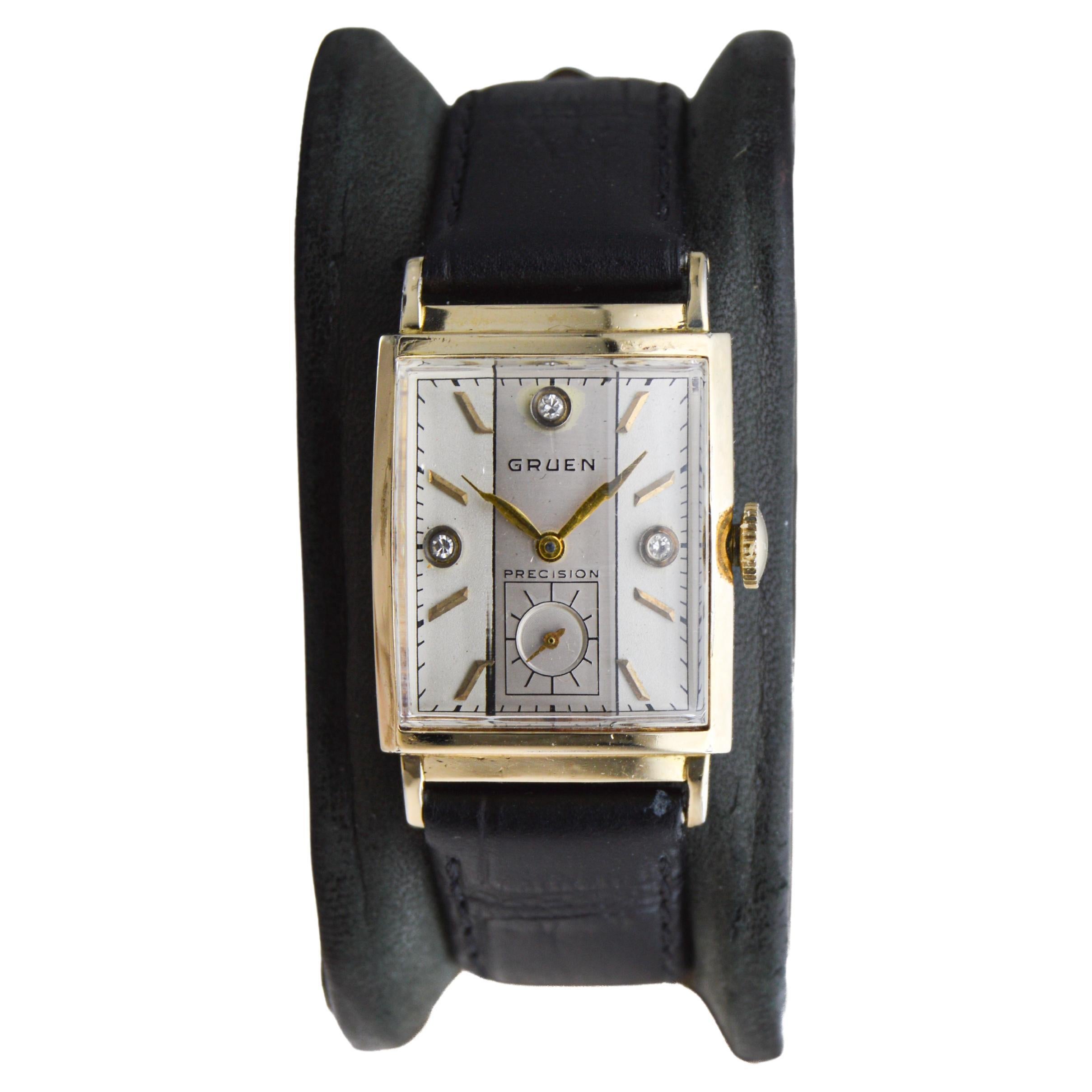 Gruen Gold gefüllt Art Deco Curvex Uhr mit Diamant-Zifferblatt 1940er Jahre im Zustand „Hervorragend“ im Angebot in Long Beach, CA