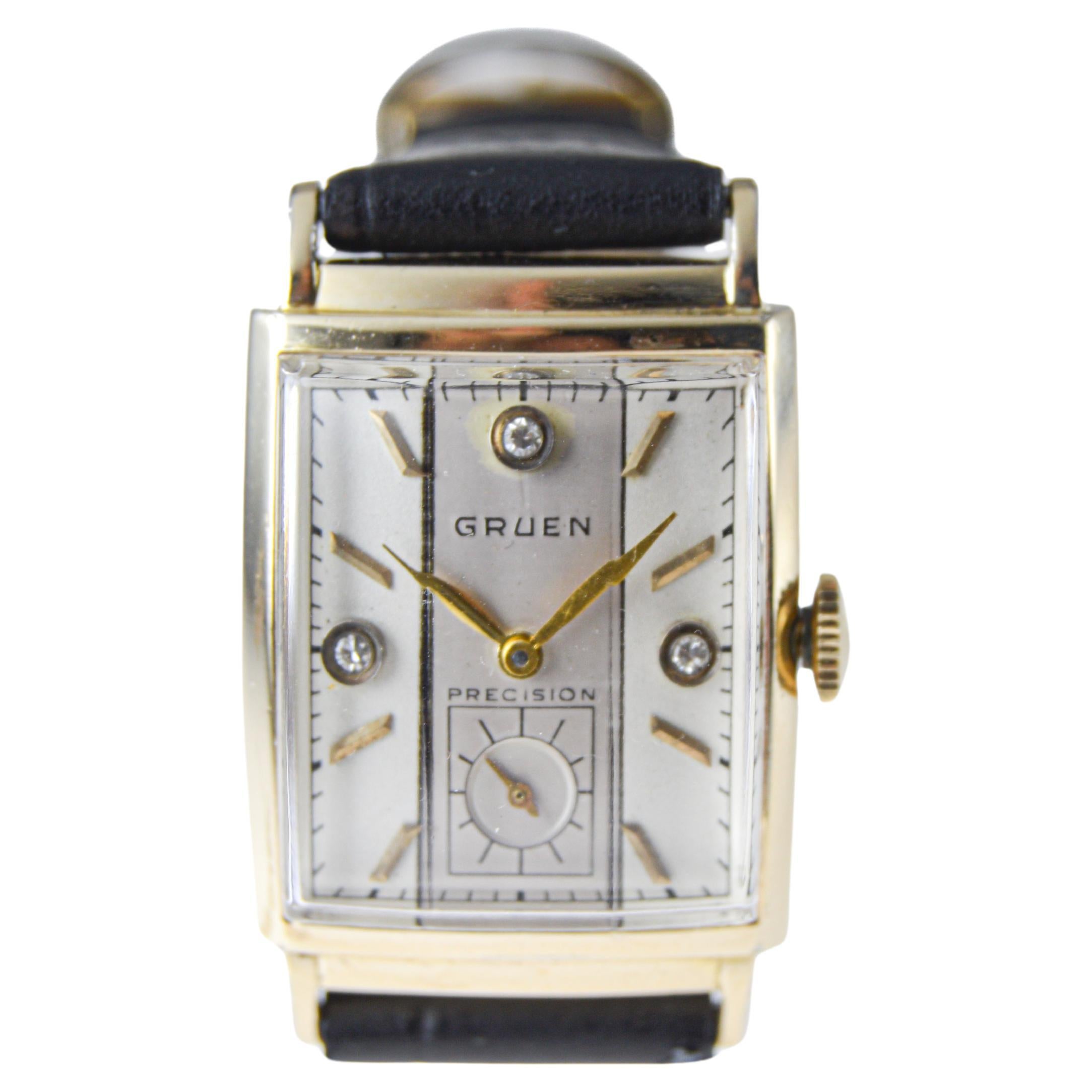 Women's or Men's Gruen Gold Filled Art Deco Curvex Watch with Diamond Dial 1940's For Sale