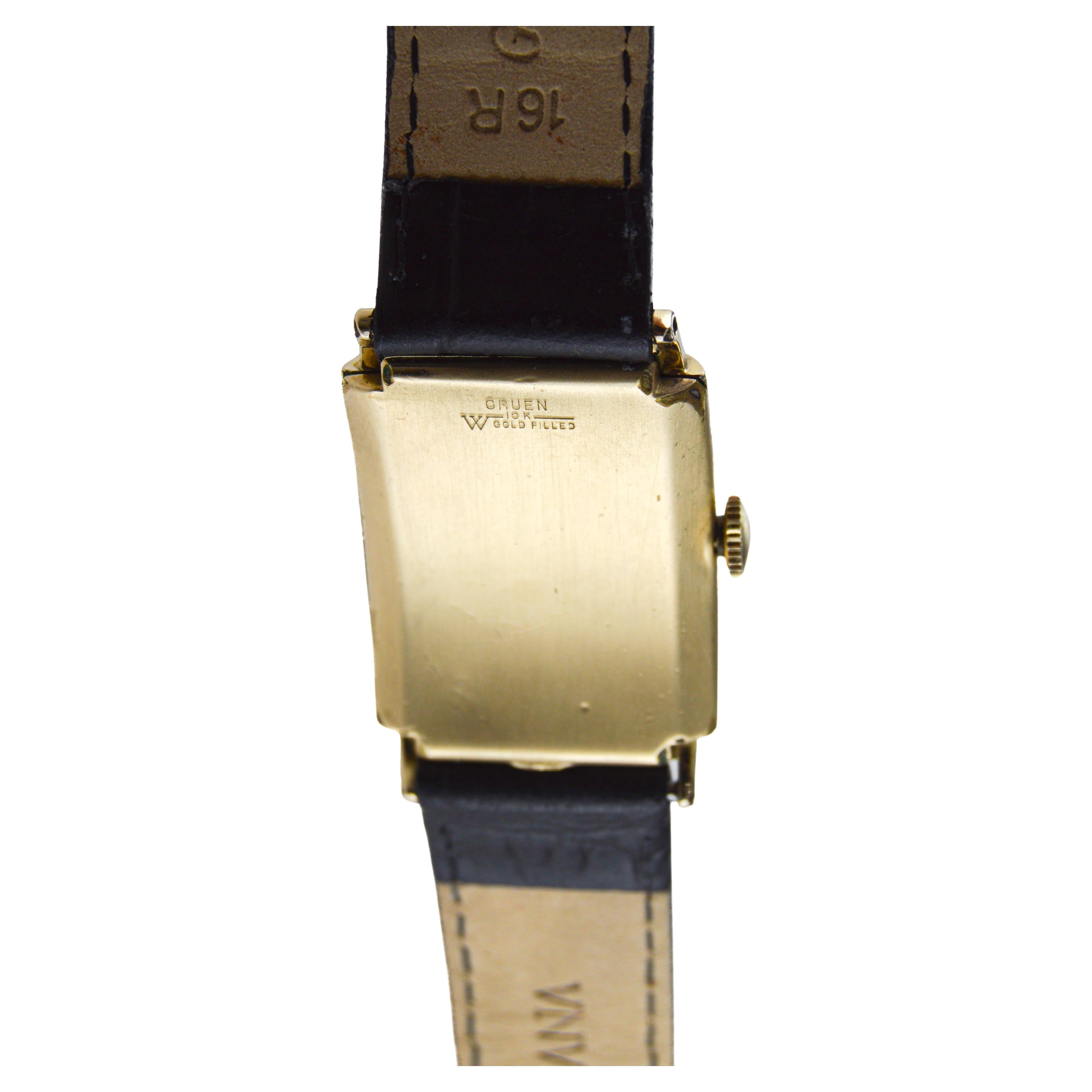 Gruen Gold Filled Art Deco Curvex Watch with Diamond Dial 1940's For Sale 2