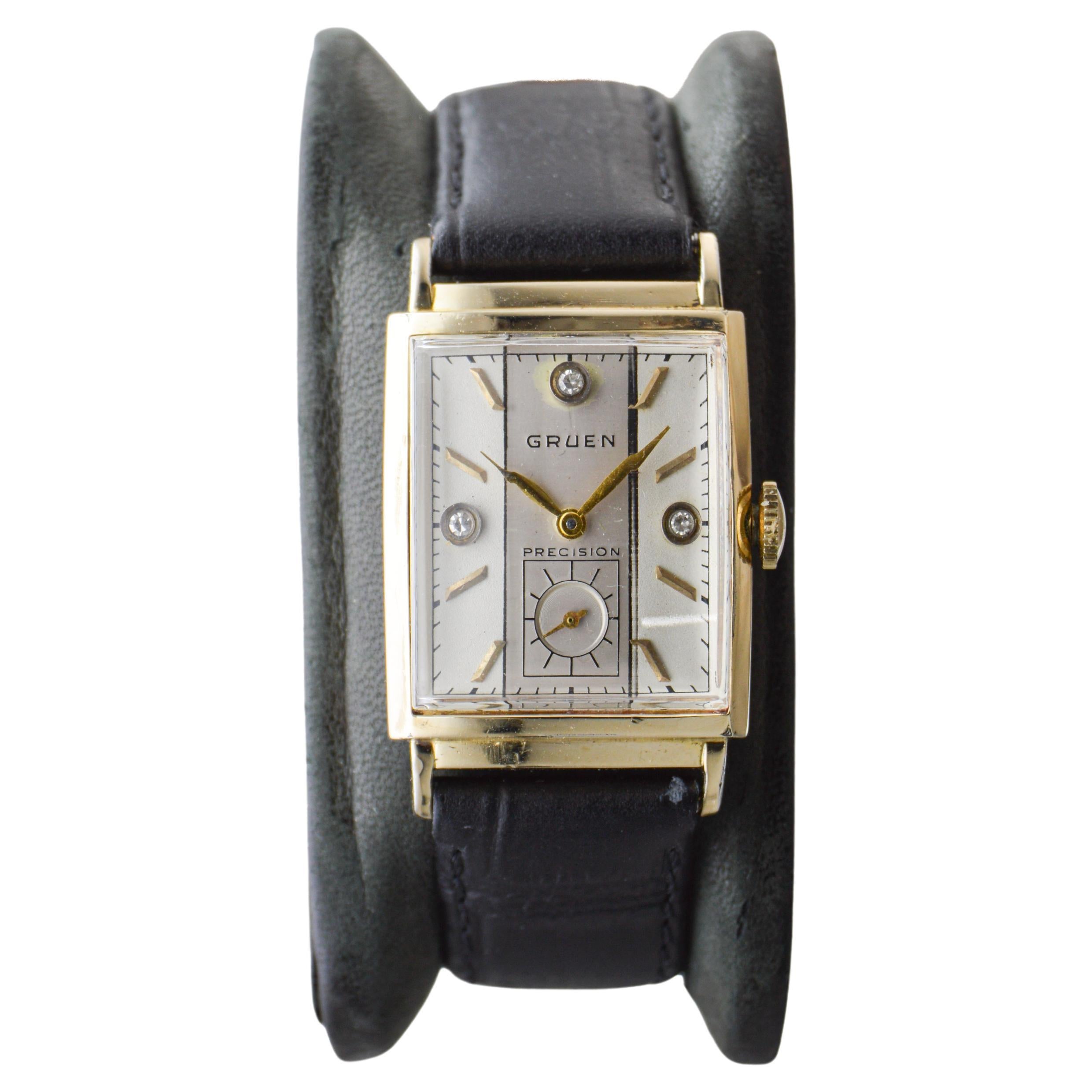 Gruen Gold Filled Art Deco Curvex Watch with Diamond Dial 1940's For Sale