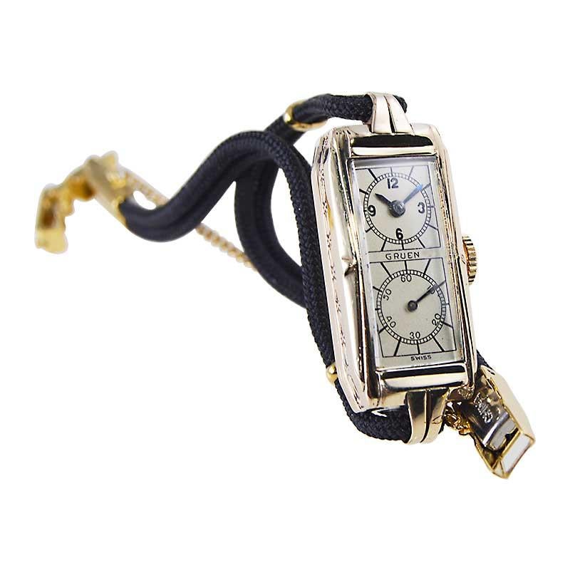 FACTORY / HOUSE: Gruen Watch Company
STYLE / REFERENCE: Art Deco / Pulse Watch 
METAL / MATERIAL: Gold Filled
CIRCA / YEAR: 1925
DIMENSIONS / SIZE: Length 34mm X Width 13mm
MOVEMENT / CALIBER: Manual Winding / 7 Jewels 
DIAL / HANDS: Original