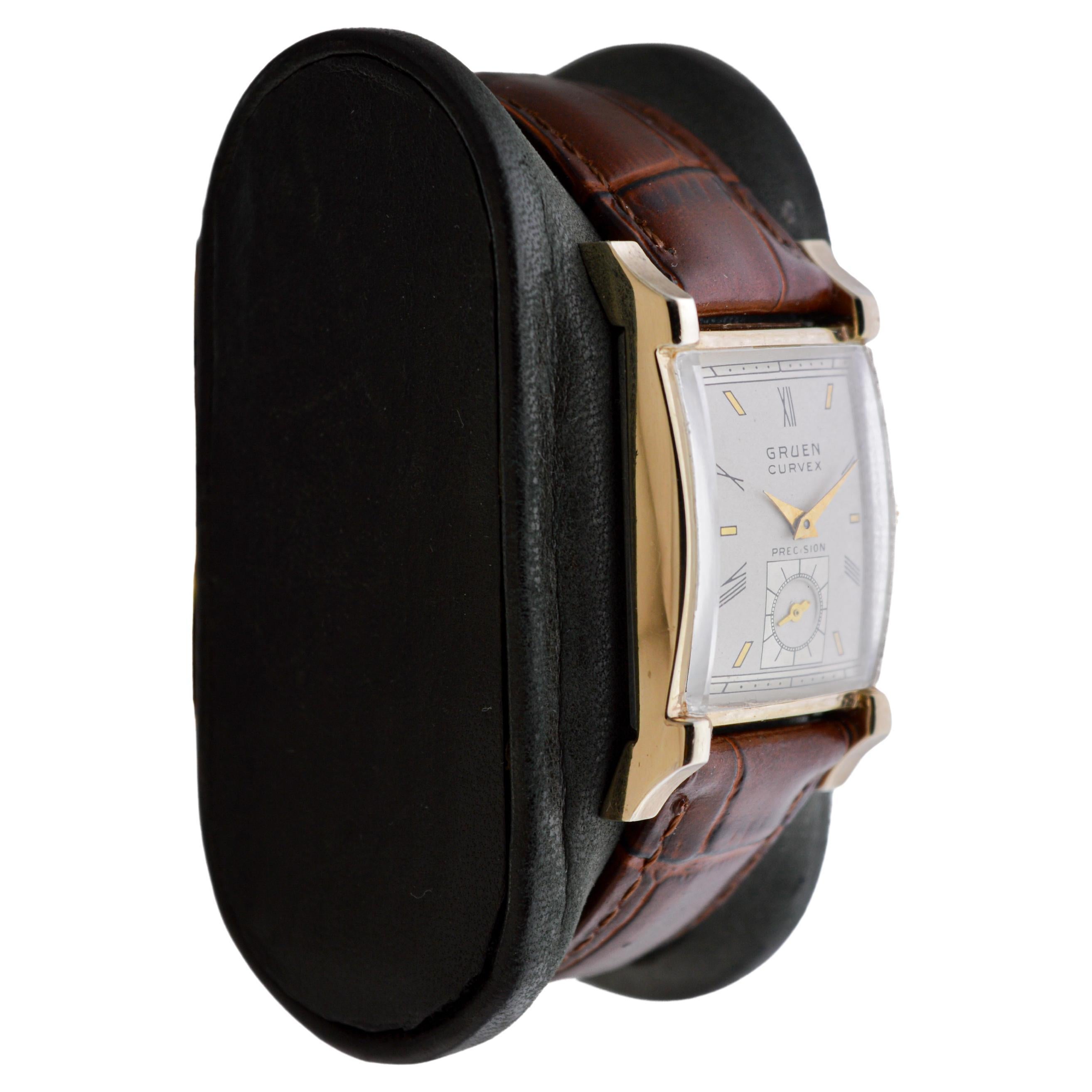 FACTORY / HOUSE: Gruen Watch Company
STYLE / REFERENCE: Art Deco / Reference 705
METAL / MATERIAL: 10Kt Gold Filled
CIRCA / YEAR: 1940's
DIMENSIONS / SIZE: Length 38mm X 22mm Width
MOVEMENT / CALIBER: Manual Winding / 16 Jewels / Caliber 335
DIAL /