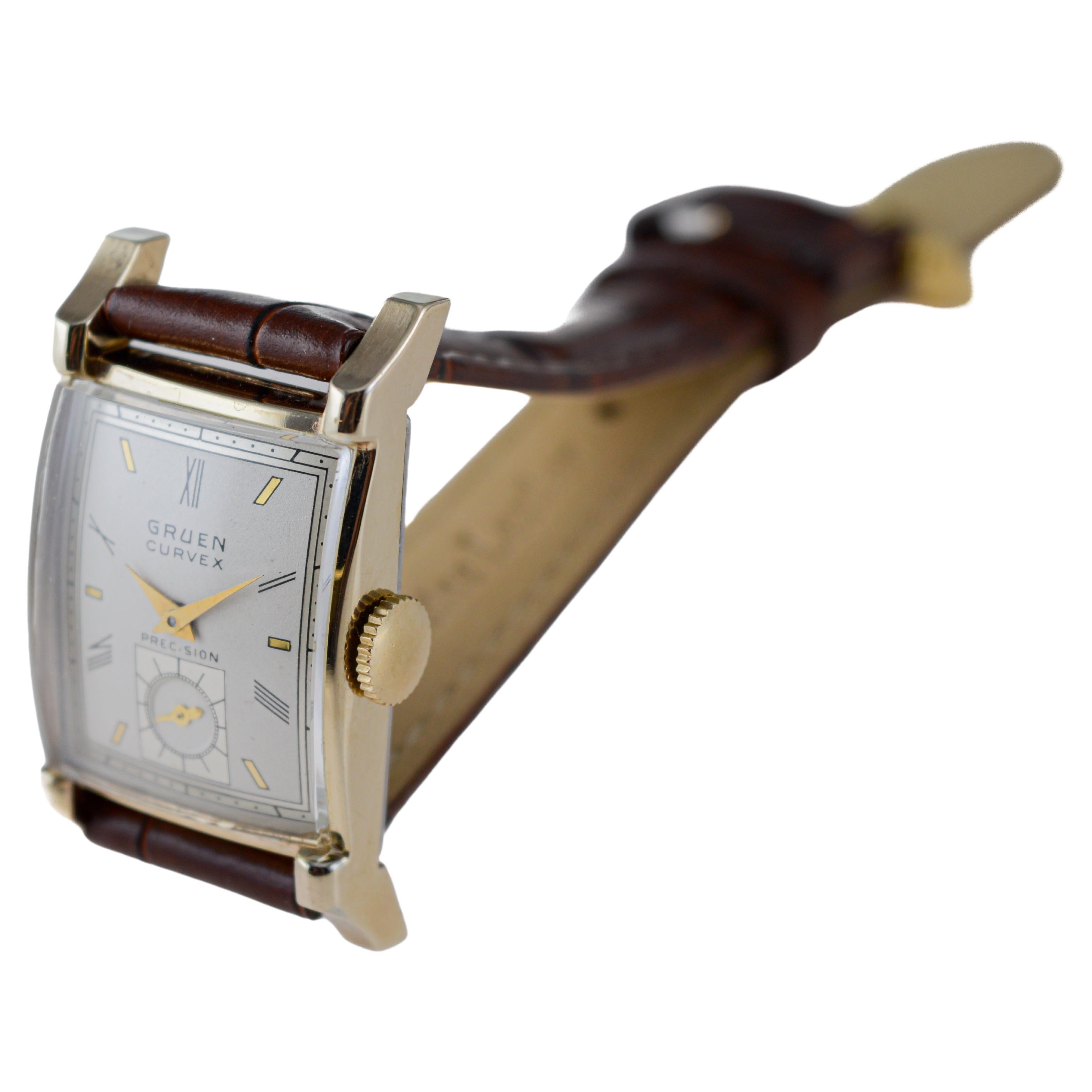 Women's or Men's Gruen Gold Filled Art Deco Tank Style Watch with Rare Original Dial 1940's For Sale