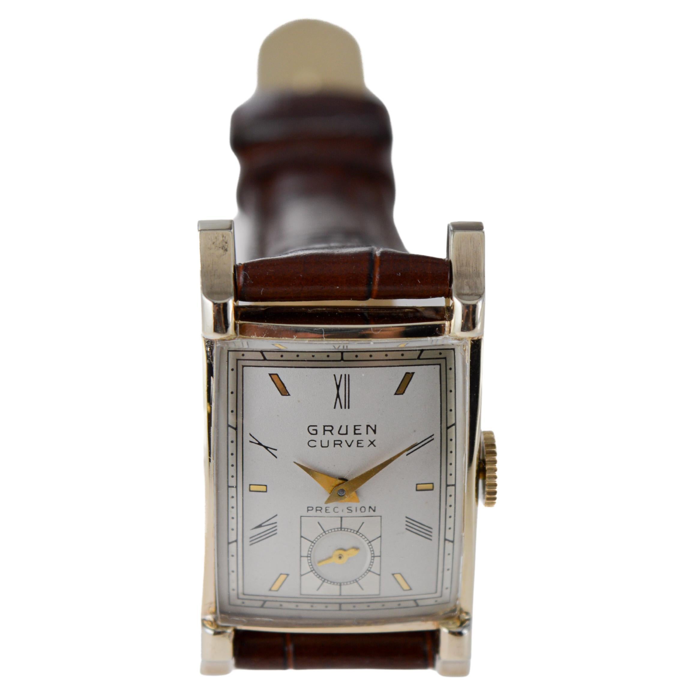 Gruen Gold Filled Art Deco Tank Style Watch with Rare Original Dial 1940's For Sale 1